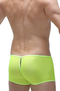 Bright neon green PetitQ boxer open net mesh briefs with matching waistband and back slit shown from the back side