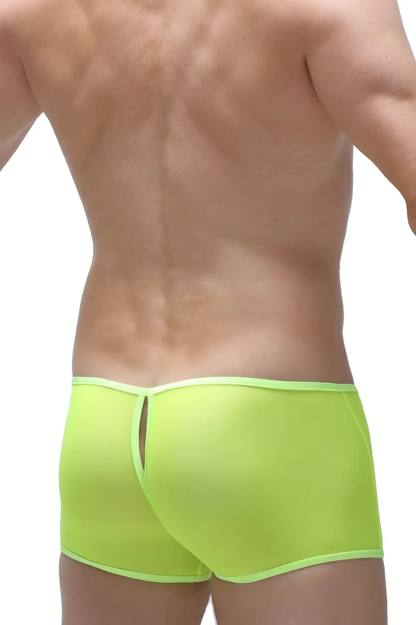 Bright neon green PetitQ boxer open net mesh briefs with matching waistband and back slit shown from the back side