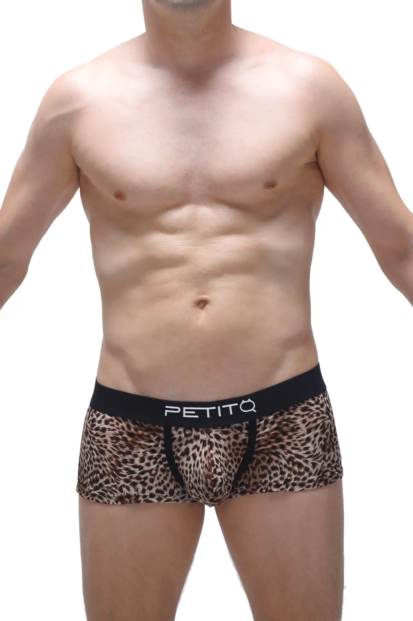 Leopard-print men’s briefs with black petitq waistband in polyester blend featured in petitq boxer panthere collection