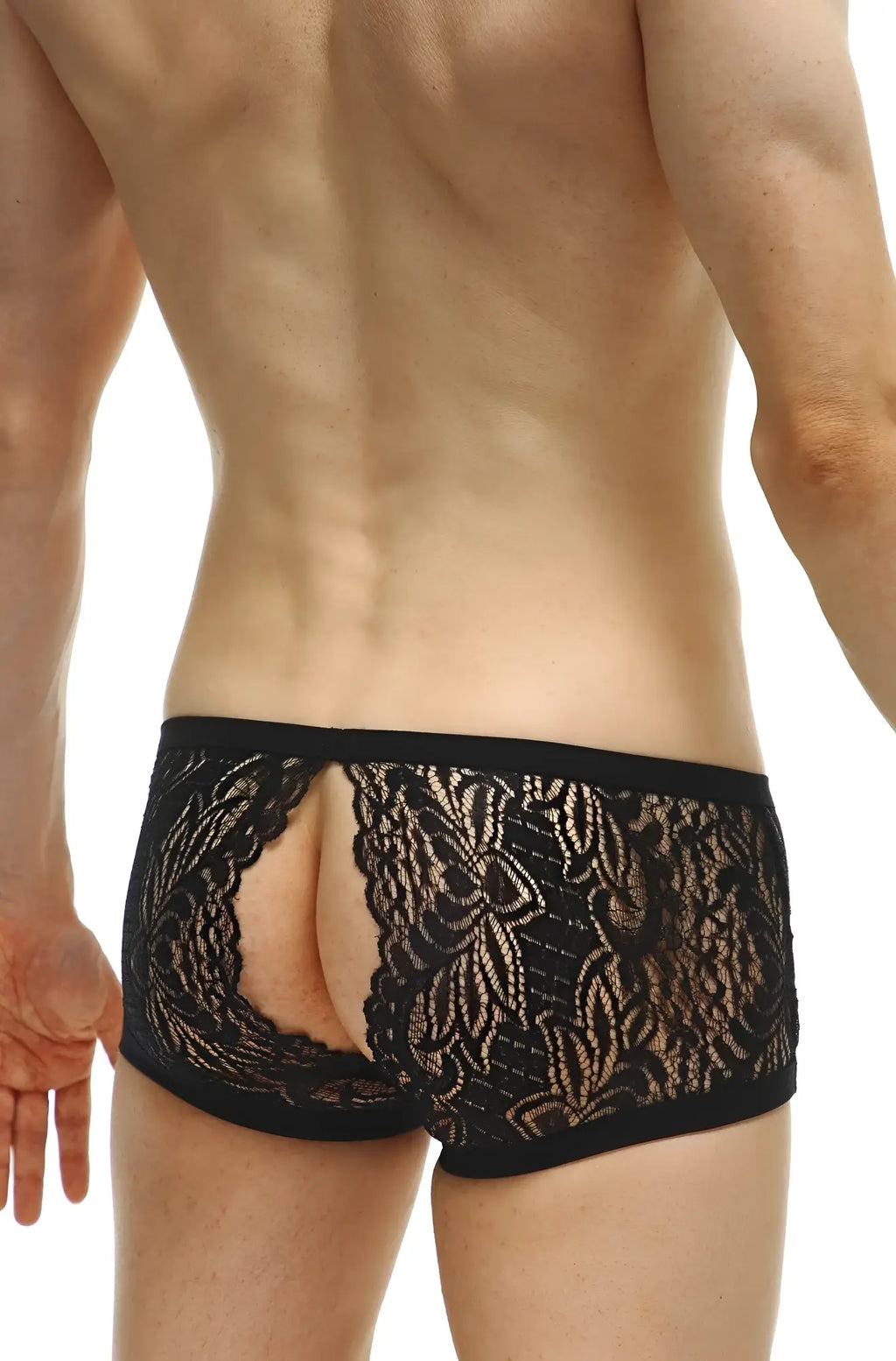 Black lace briefs petitq boxer plouhac lace black with open back design and intricate floral patterns visible from the back