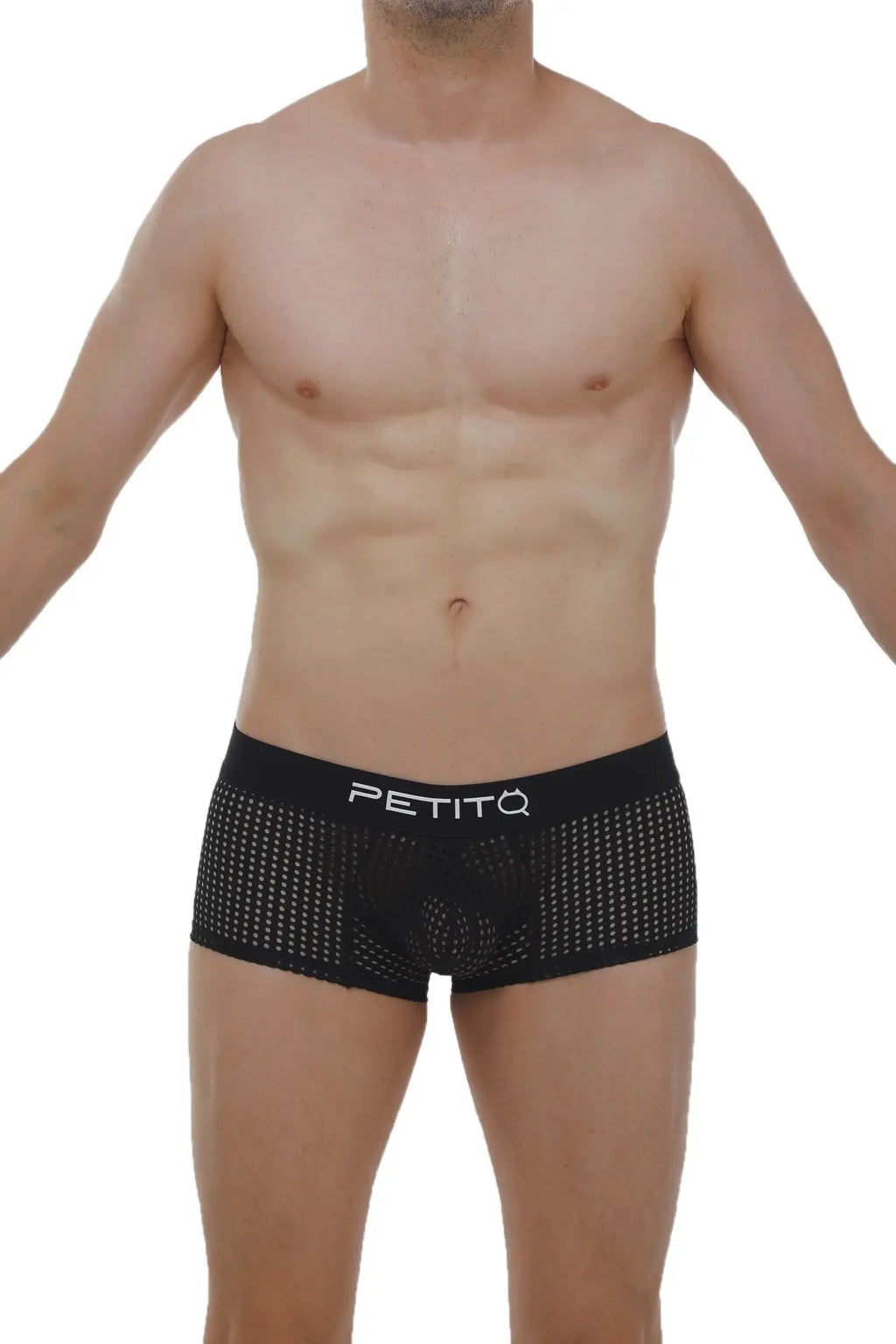 Black mesh petitq boxer protruder durtol briefs featuring a white logo on the waistband