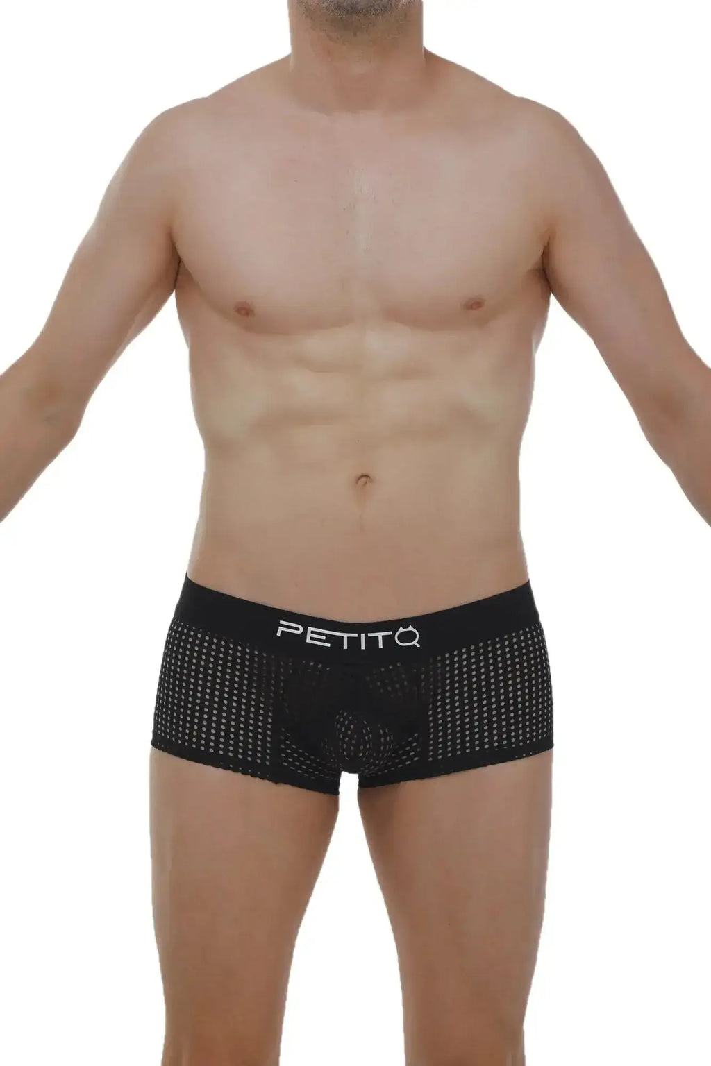 Black mesh petitq boxer protruder durtol briefs featuring a white logo on the waistband