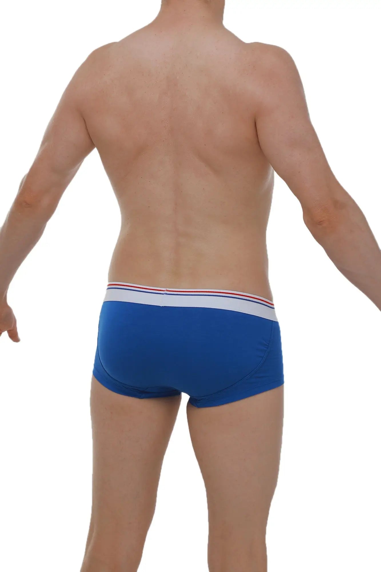 Blue petitq boxer push-up briefs with a white waistband featuring thin red and blue stripes for support and comfort