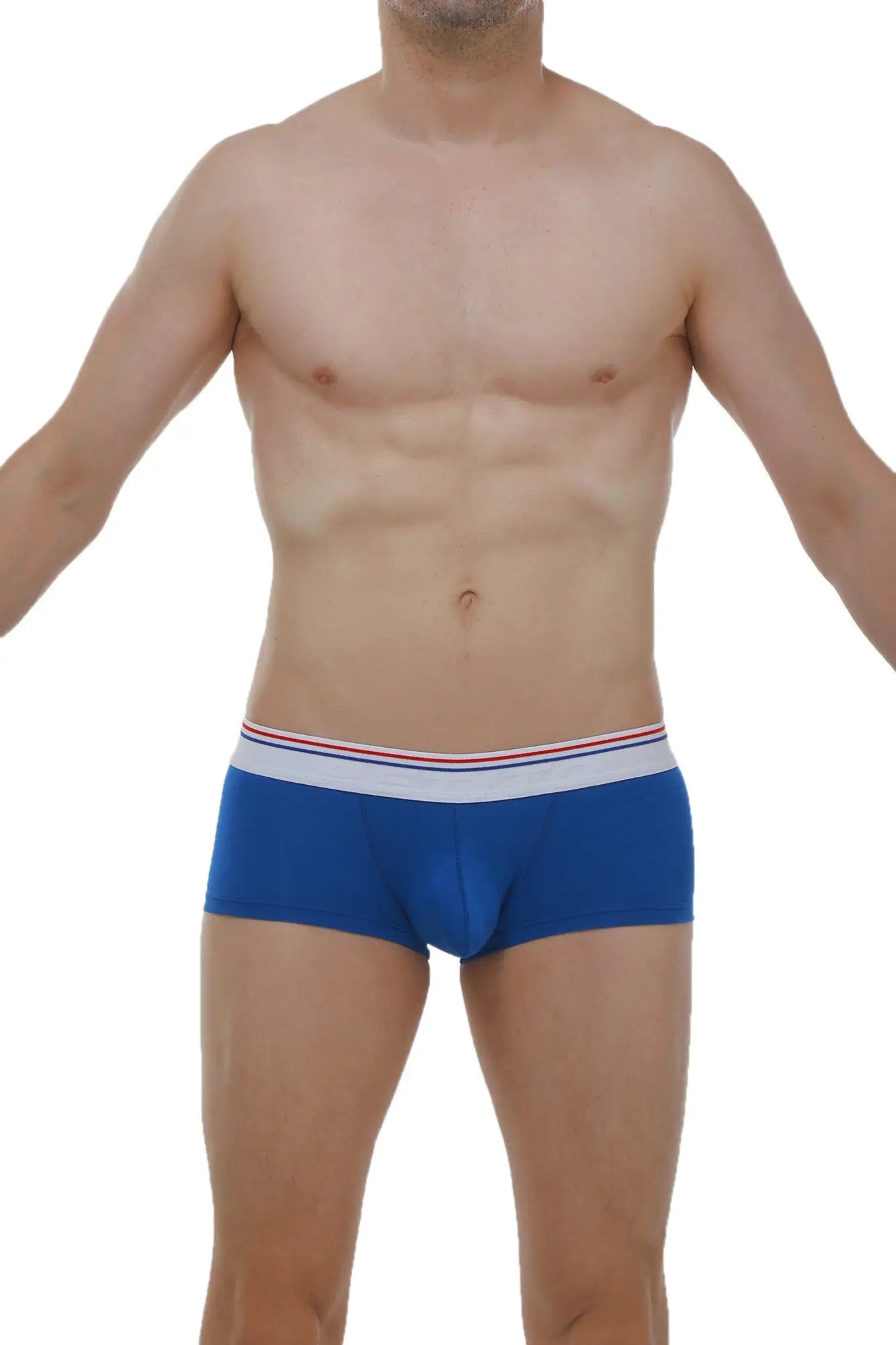 PetitQ boxer push-up blue men’s briefs in blue with a white waistband featuring red and blue stripes