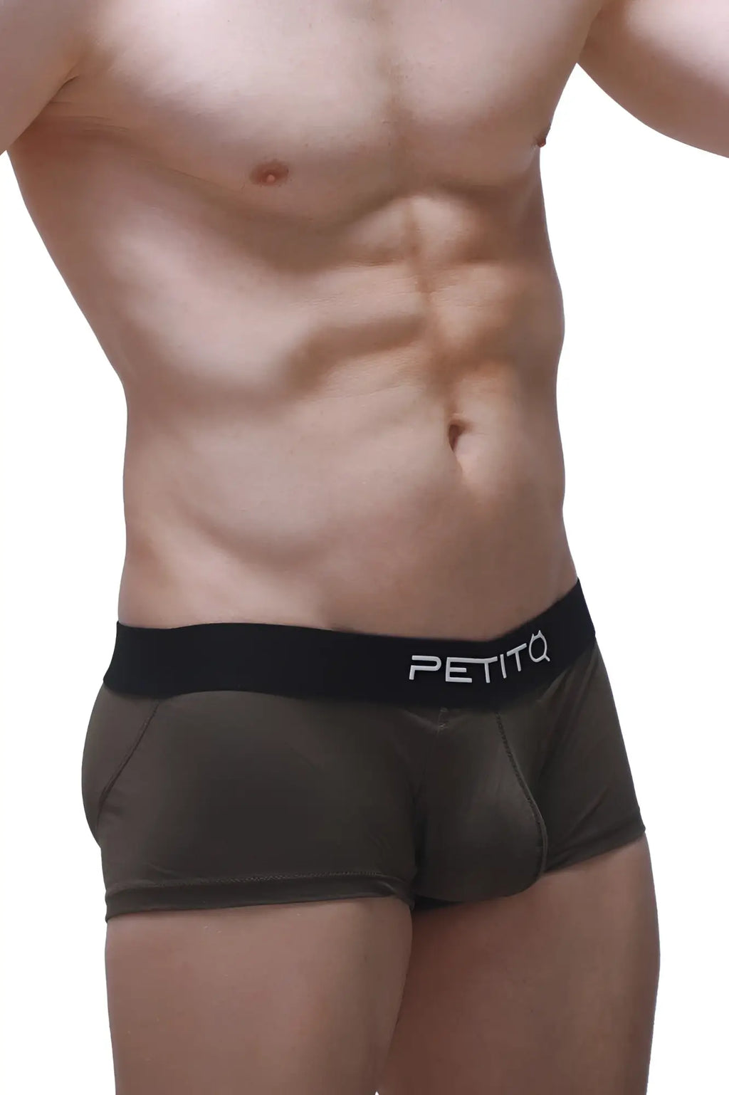 Black petitq boxer push-up camo briefs with sleek form-fitting design and subtle sheen for comfortable support