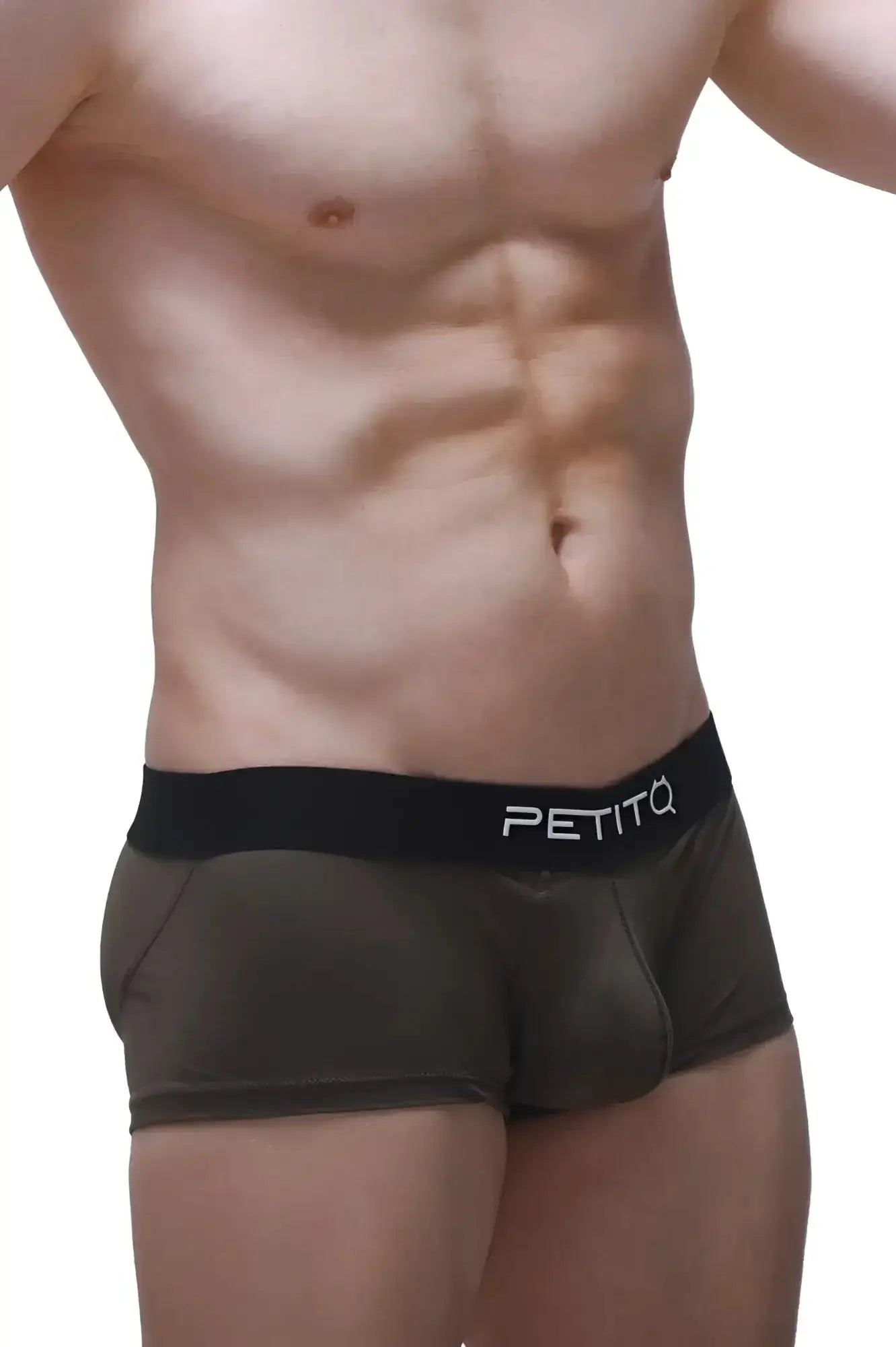 Black petitq boxer push-up camo briefs with sleek form-fitting design and subtle sheen for comfortable support