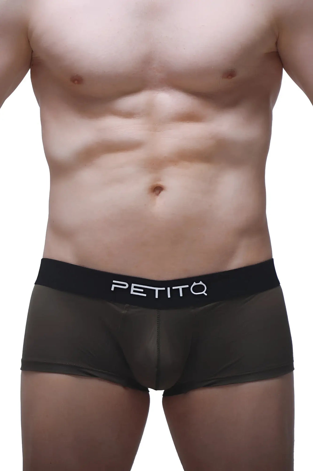 Black petitq boxer push-up briefs with smooth form-fitting design and contrasting white logo on the waistband