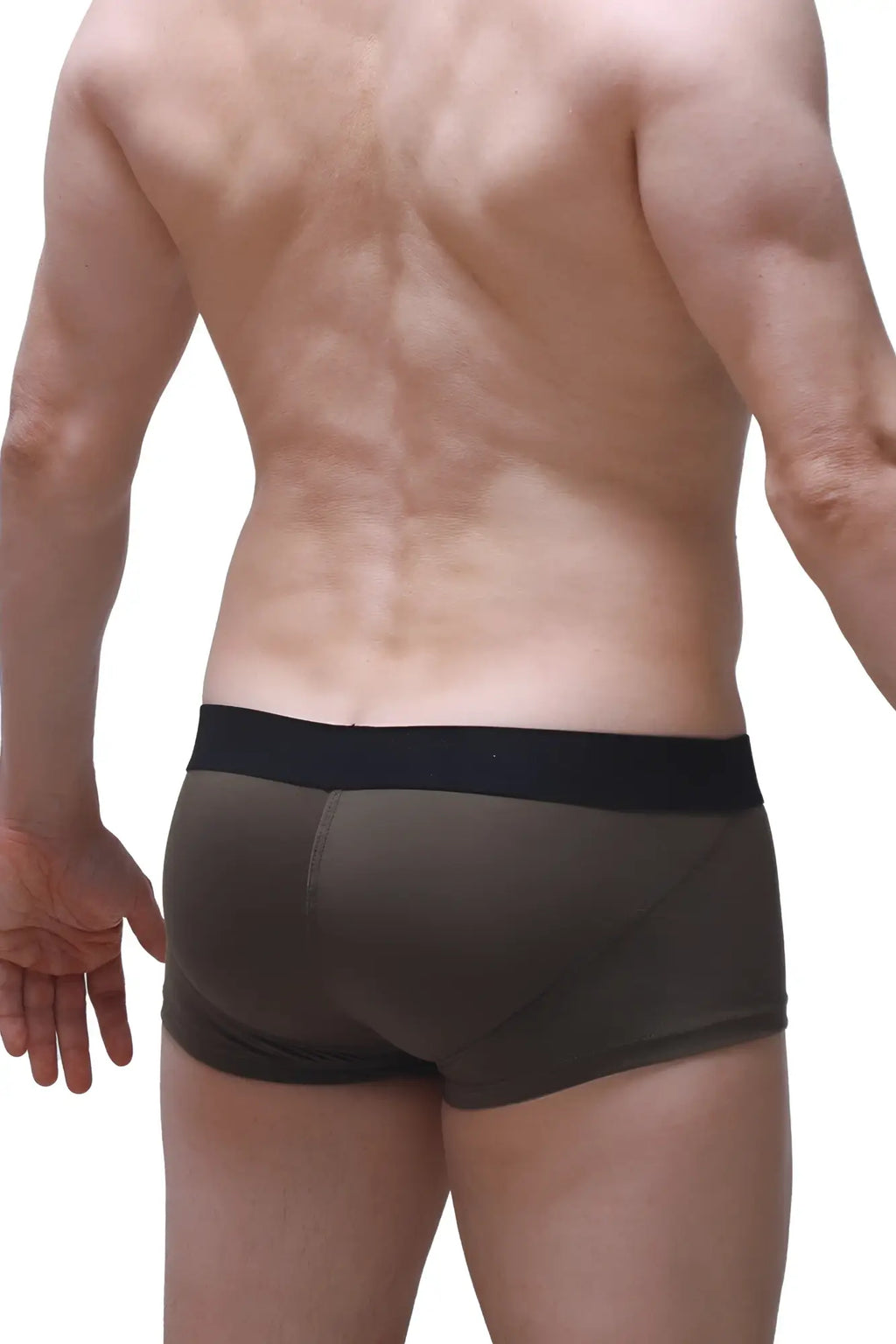 Dark olive green petitq boxer push-up camo briefs with black elastic waistband for enhanced fit and support