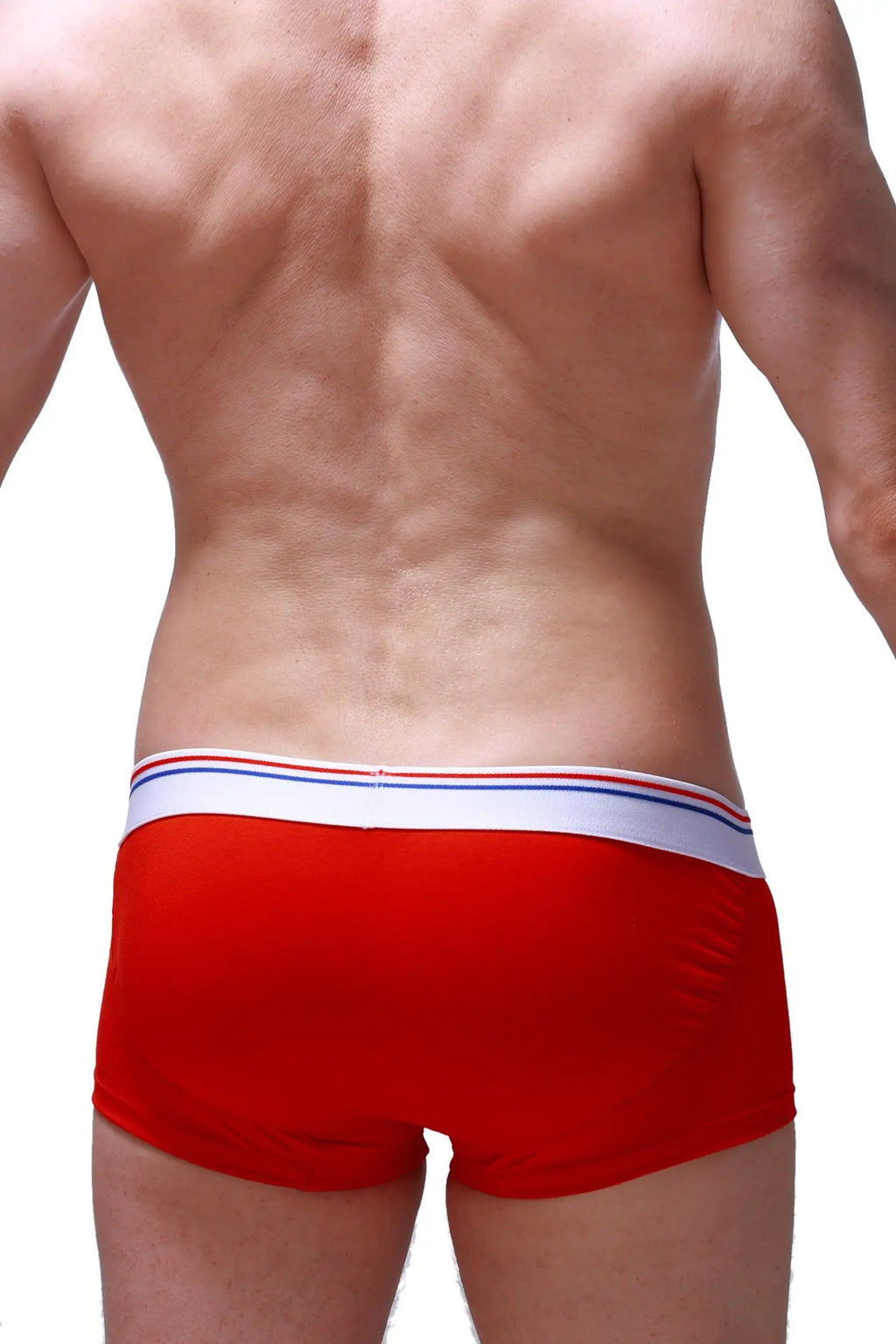 PetitQ boxer push-up red athletic briefs with a white waistband accented by thin red and blue stripes