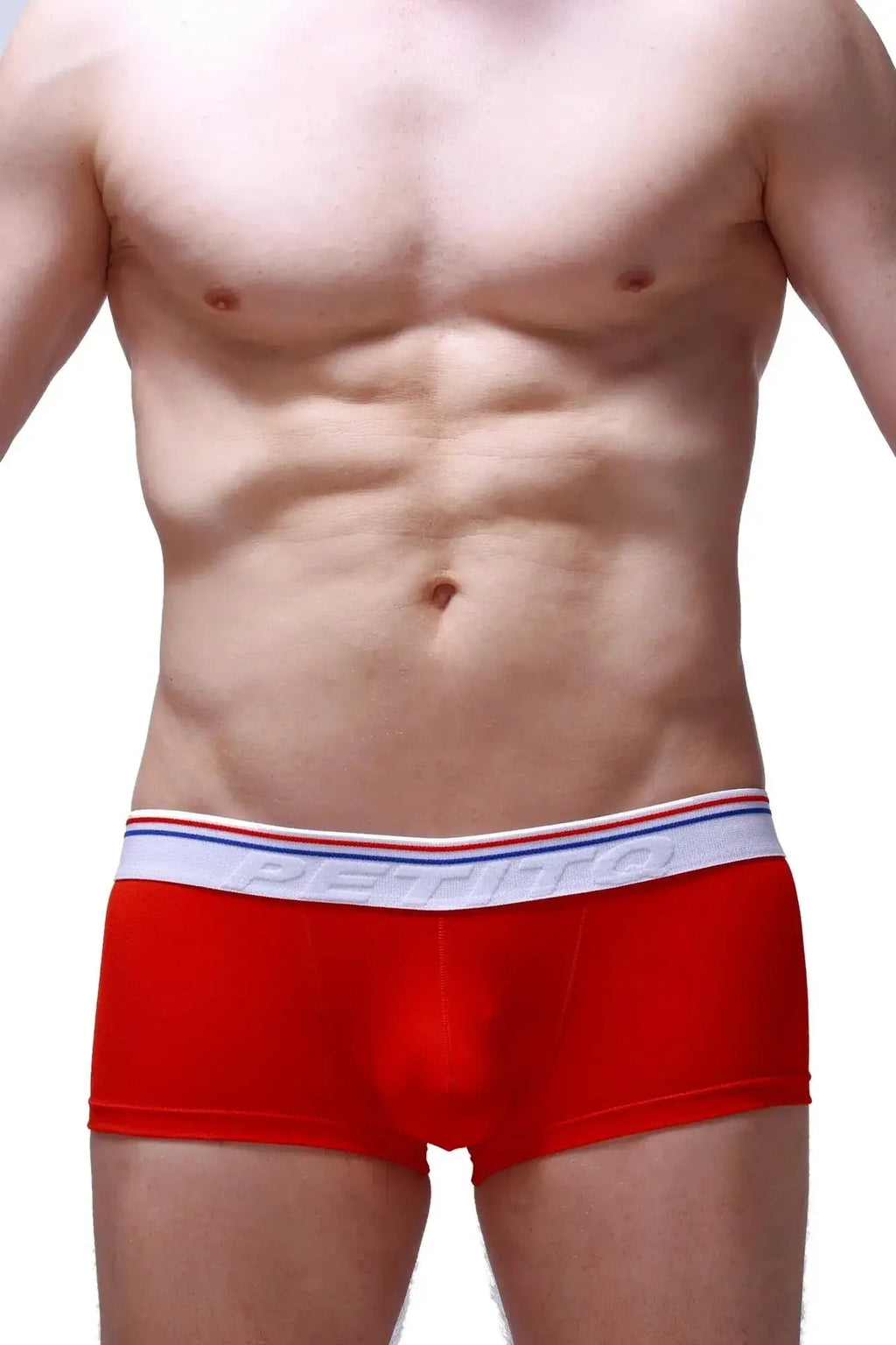 Red petitq boxer push-up briefs with white waistband featuring red and blue stripes designed for support and comfort