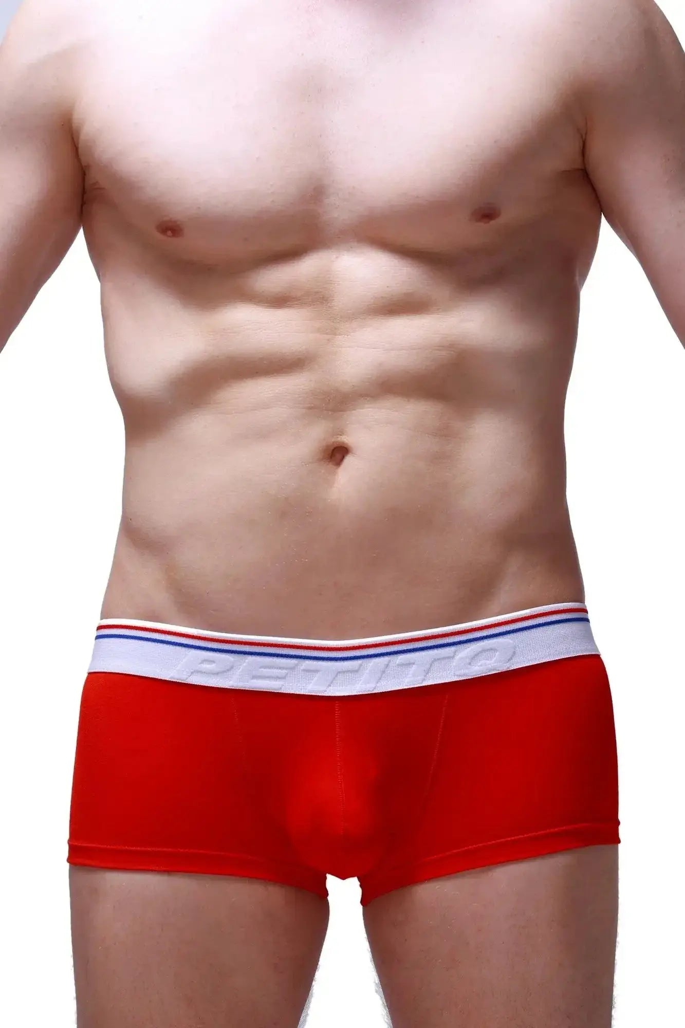 Red petitq boxer push-up briefs with white waistband featuring red and blue stripes designed for support and comfort