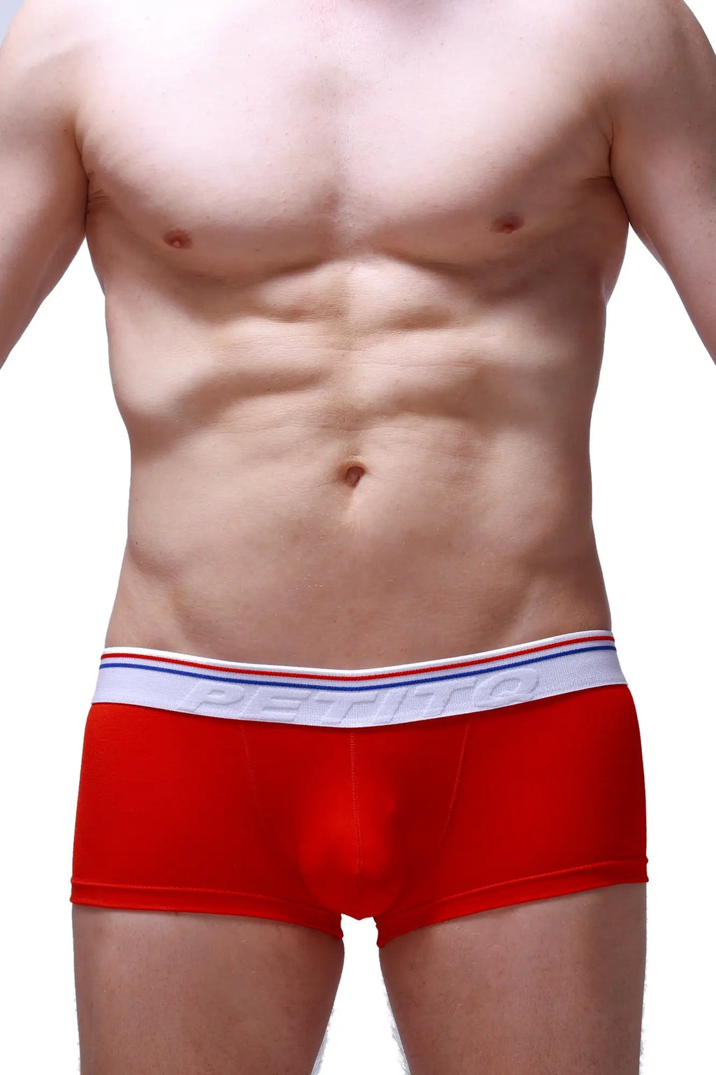 Red petitq boxer push-up briefs with white waistband featuring red and blue stripes designed for support and comfort