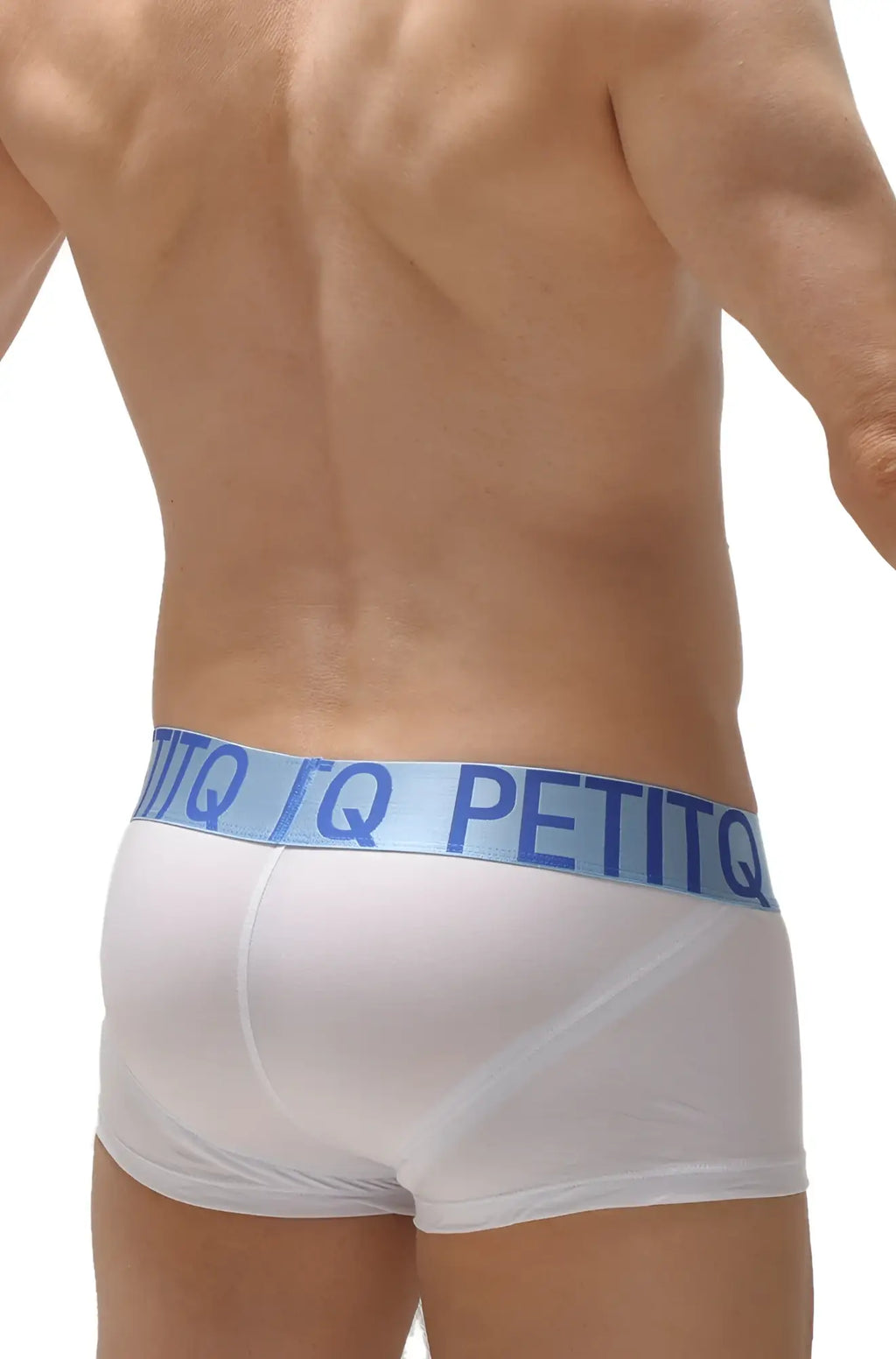 White petitq boxer push-up briefs with light blue elastic waistband and bold repeating petitq logo for support