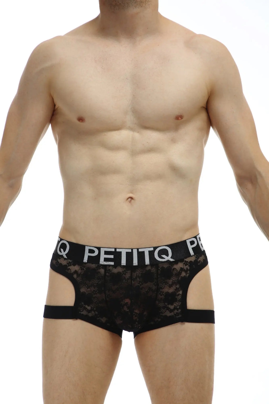 Black lace PetitQ boxer Renno briefs with branded elastic waistband featuring white PetitQ logo lettering