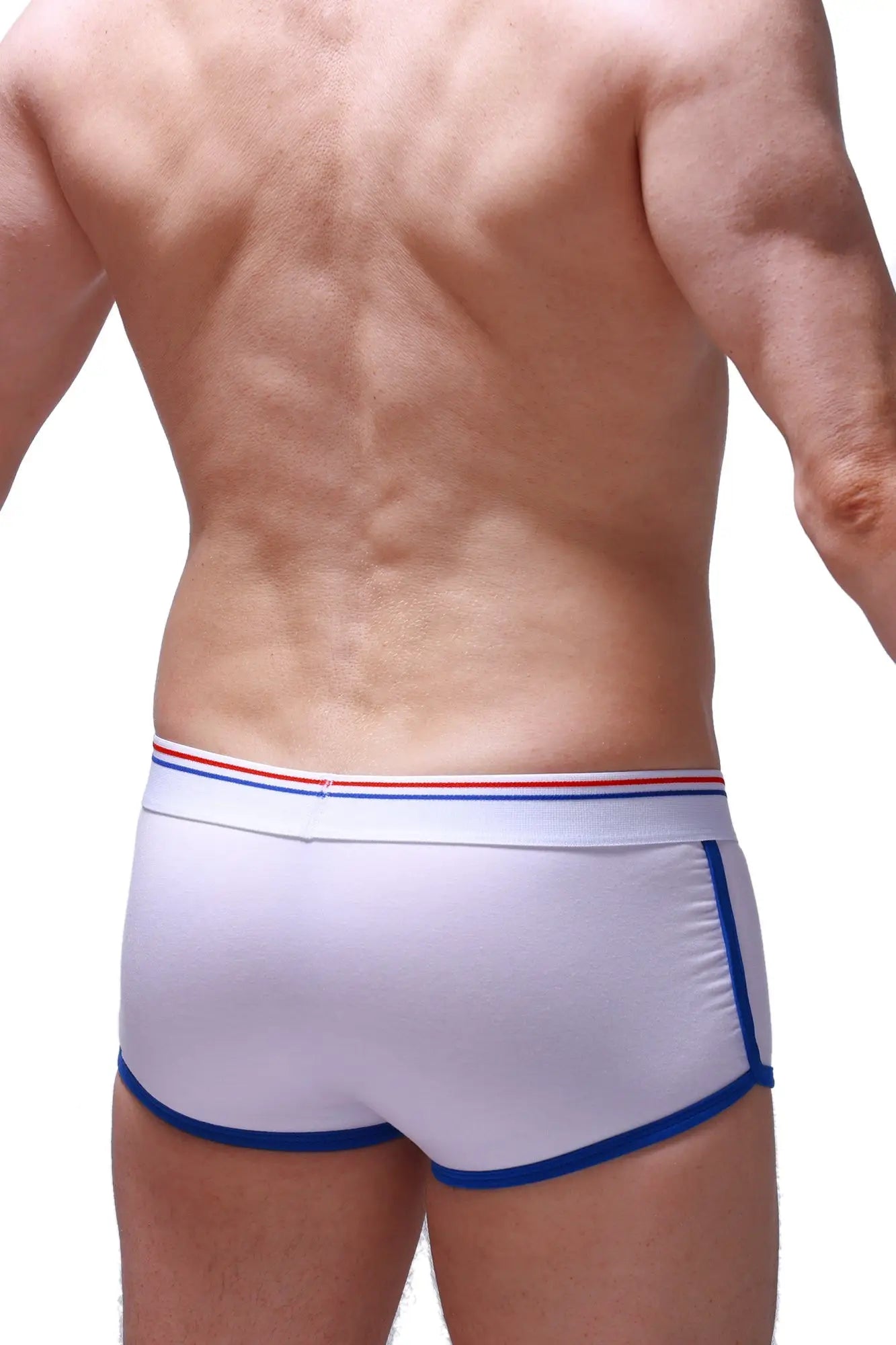 White athletic briefs petitq boxer retro hang white with blue trim and red white blue striped waistband