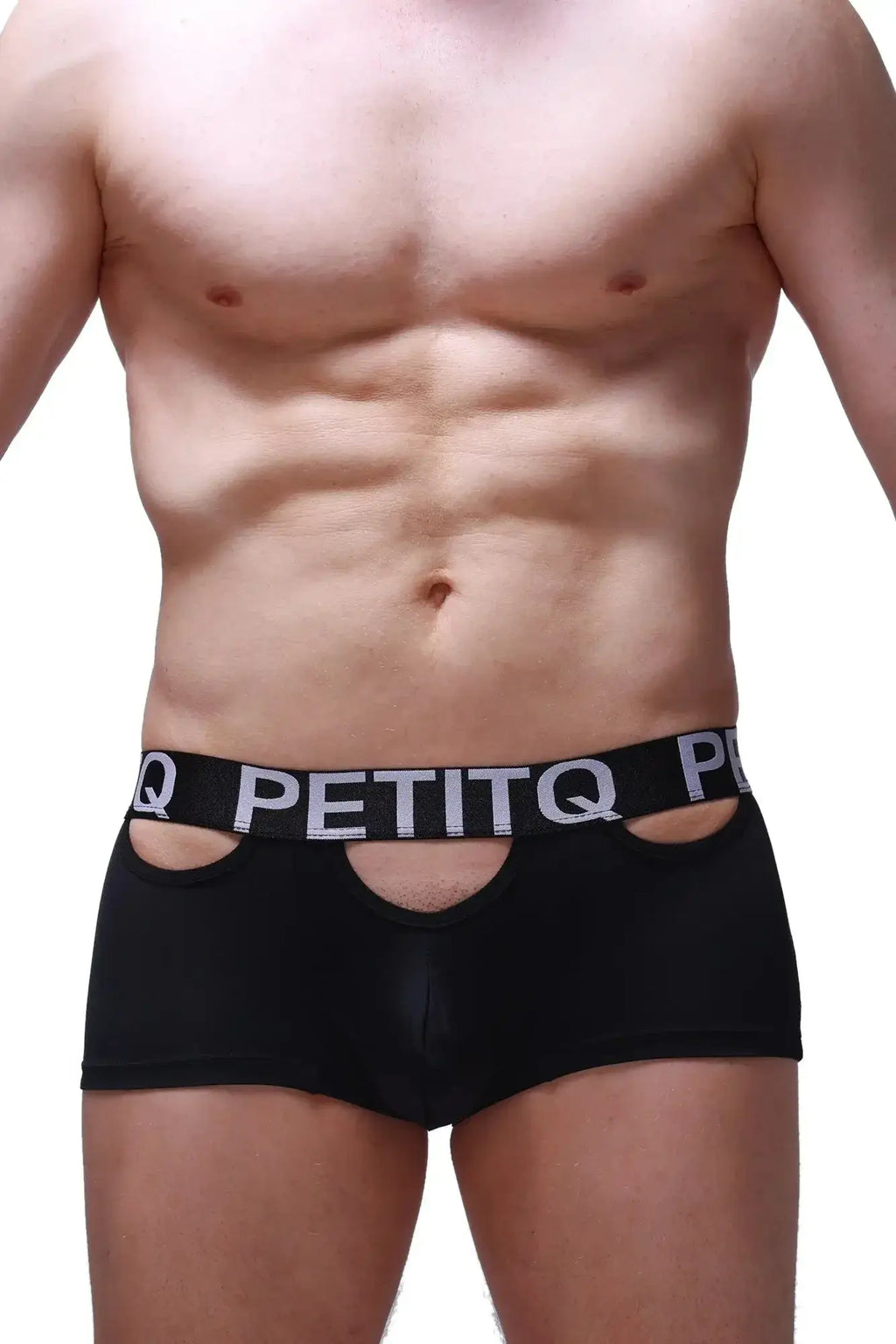 Black petitq boxer briefs with bold white logo band and distinctive cutout details for comfortable everyday wear