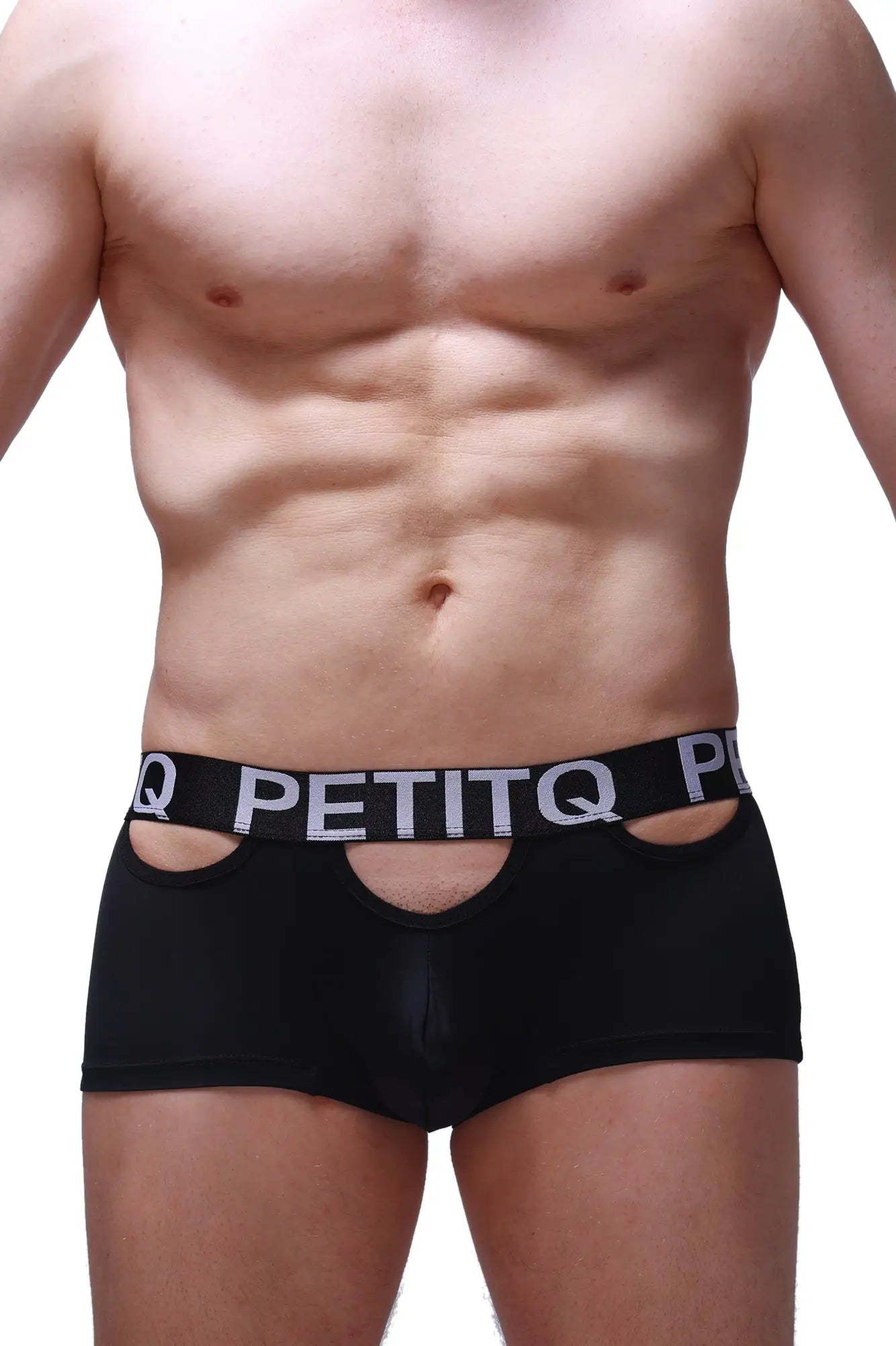 Black petitq boxer briefs with bold white logo band and distinctive cutout details for comfortable everyday wear