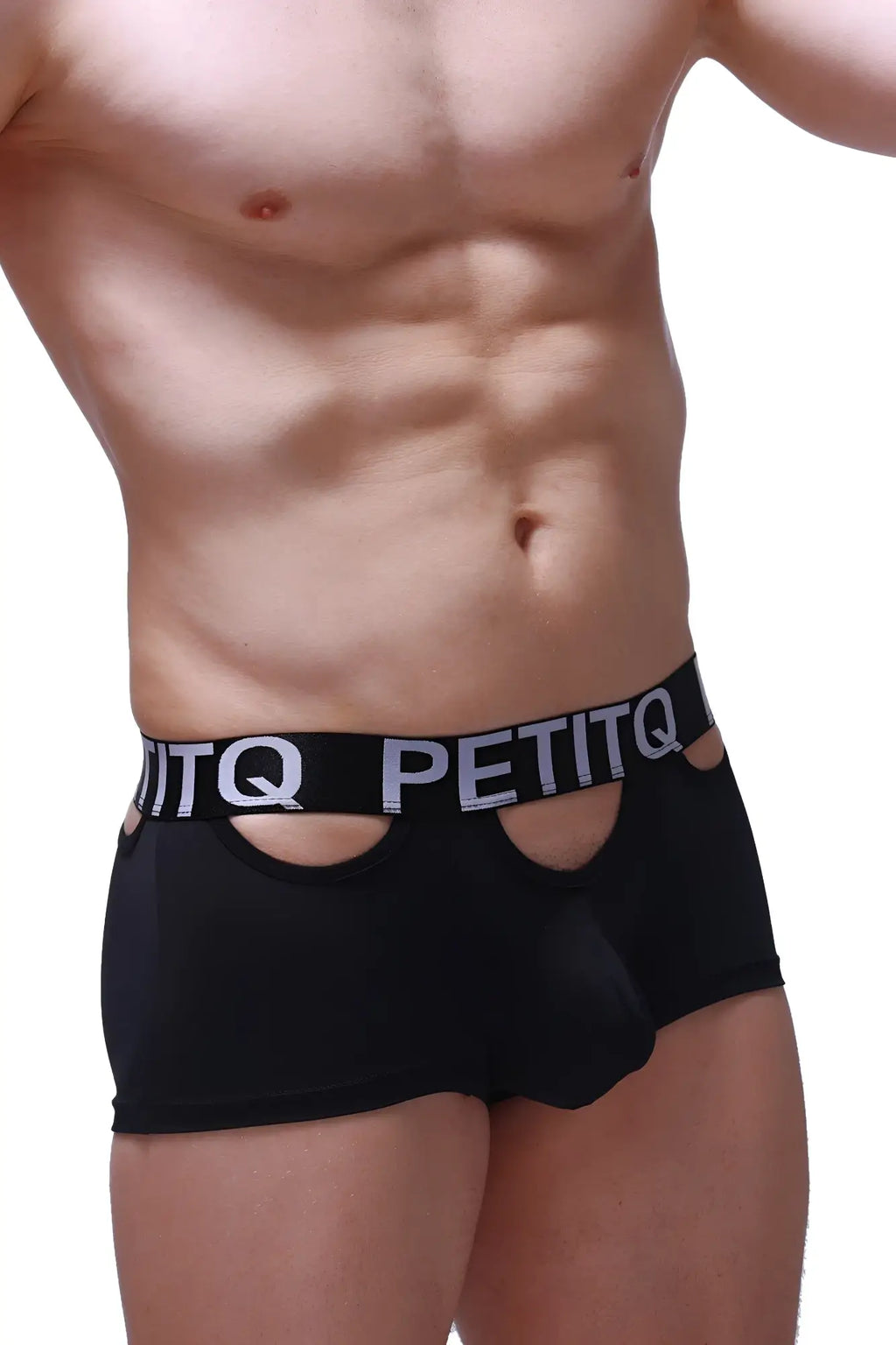 Black petitQ boxer briefs with bold white logo band and cutout details for stylish comfort and support