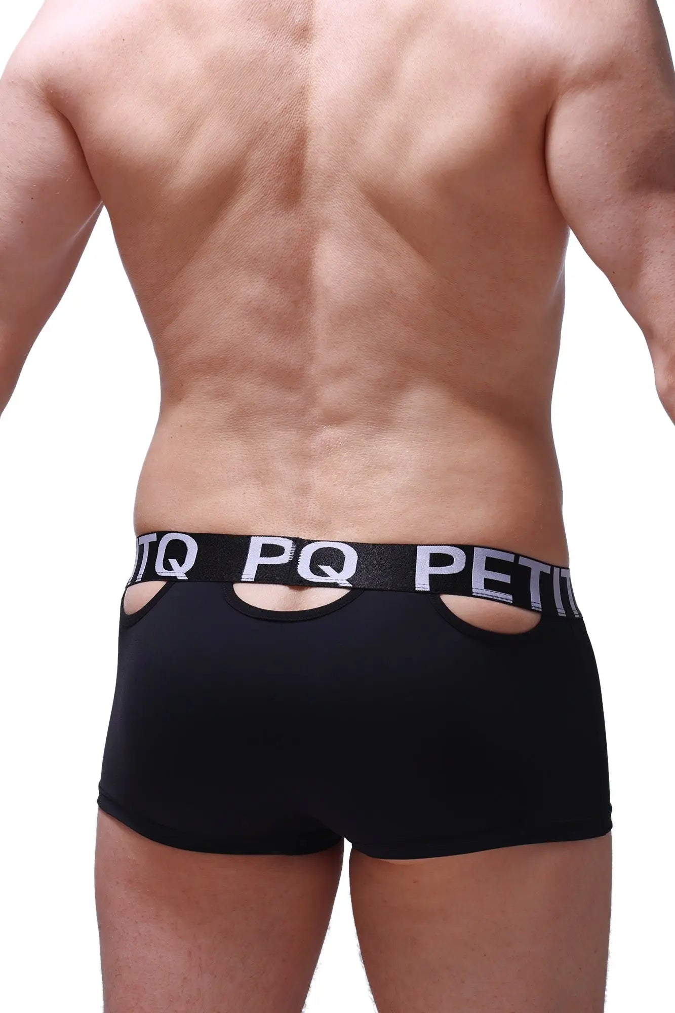 Black men’s briefs with white pq petit waistband and cutout details from PetitQ Boxer Saillons black collection