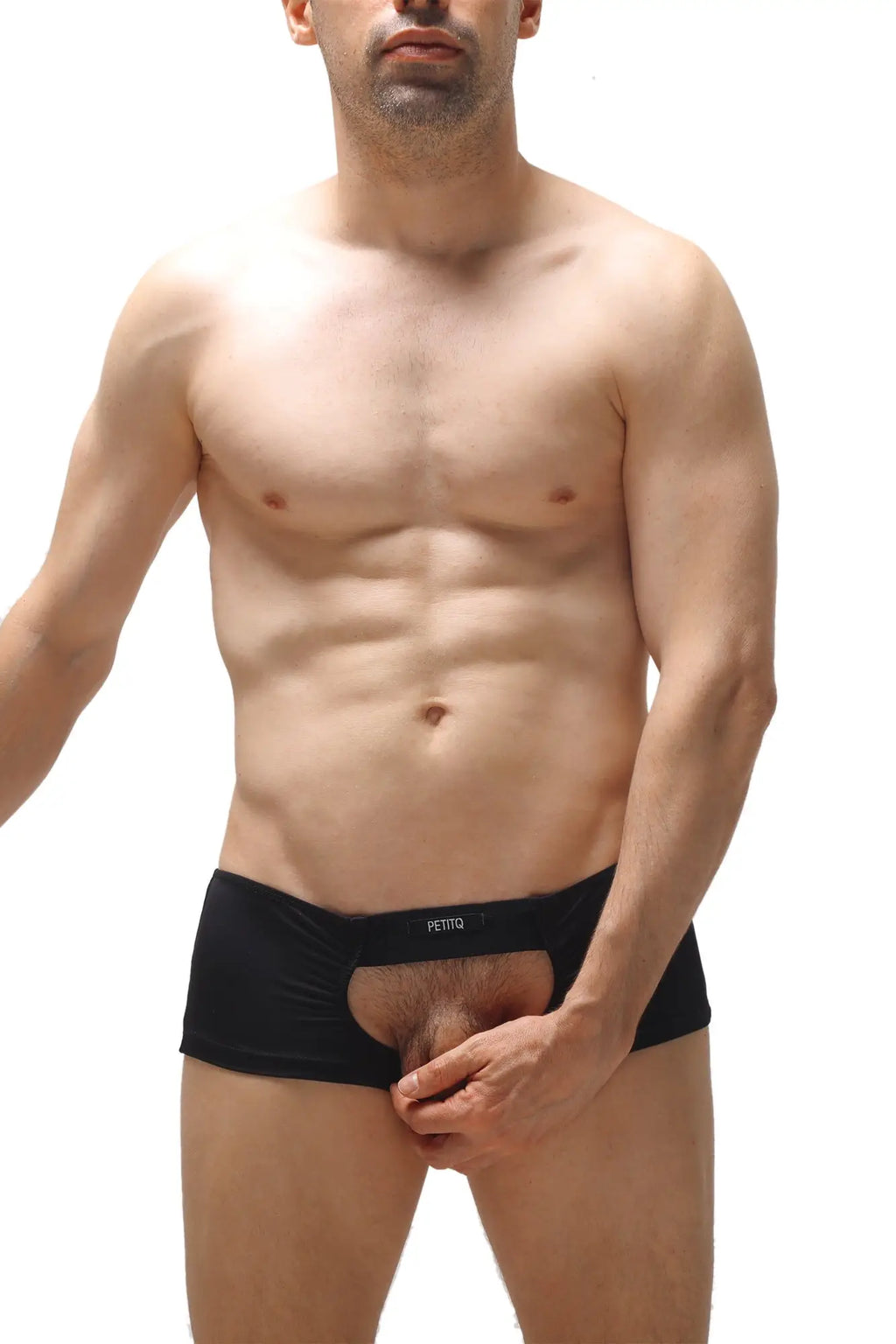 Black men’s petitq boxer sling melin briefs with central cutout and feitto embroidered waistband in black cotton
