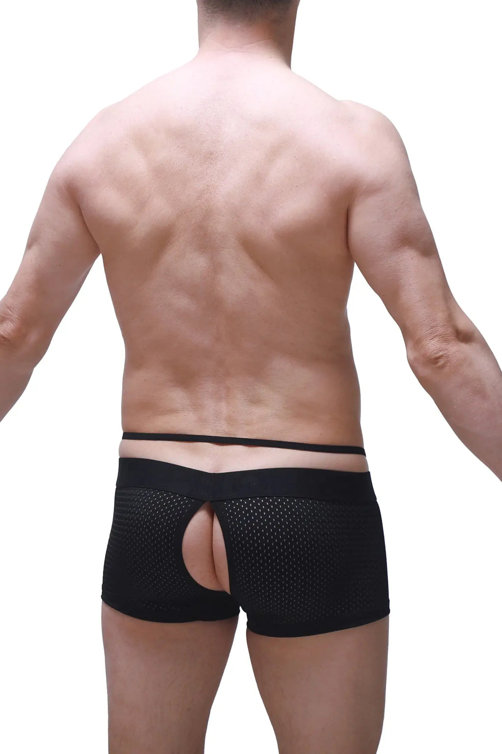 Black mesh PetitQ boxer sling melin boudoir briefs with central cutout and elastic waistband