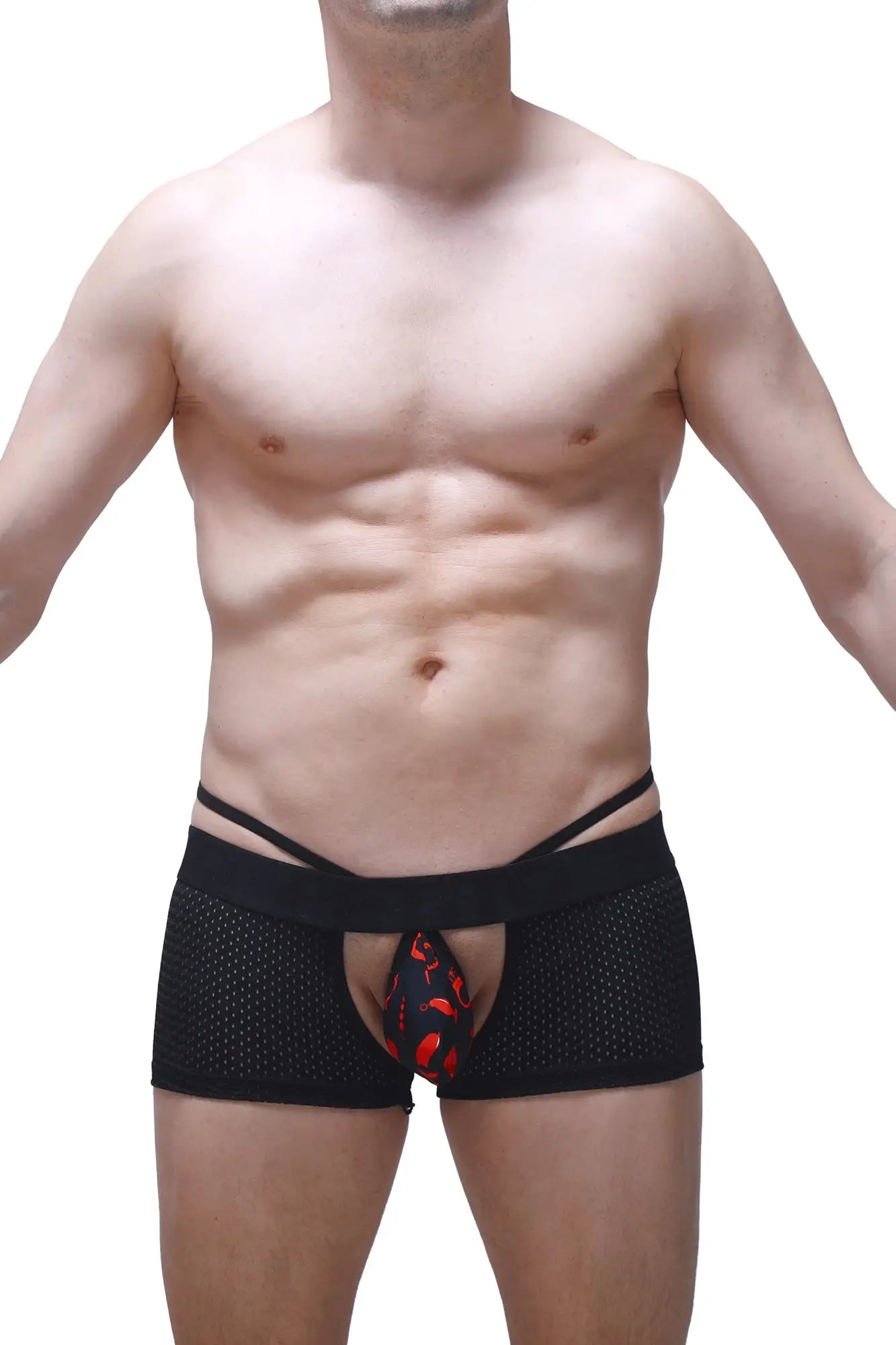 PetitQ boxer sling Melin Boudoir black mesh briefs with red and black patterned pouch front view