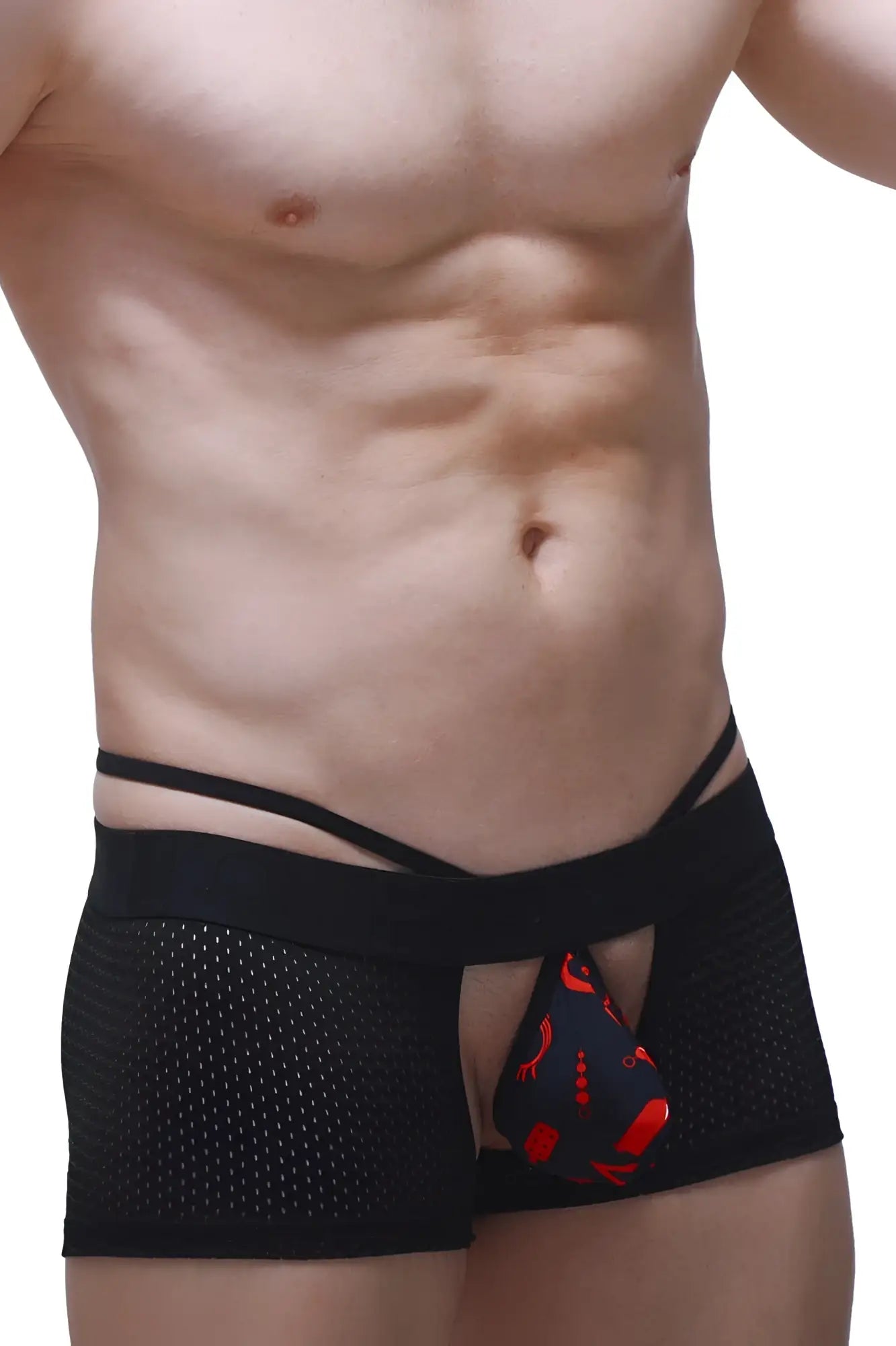 Black mesh petitq boxer sling briefs with red and black patterned pouch for boudoir wear