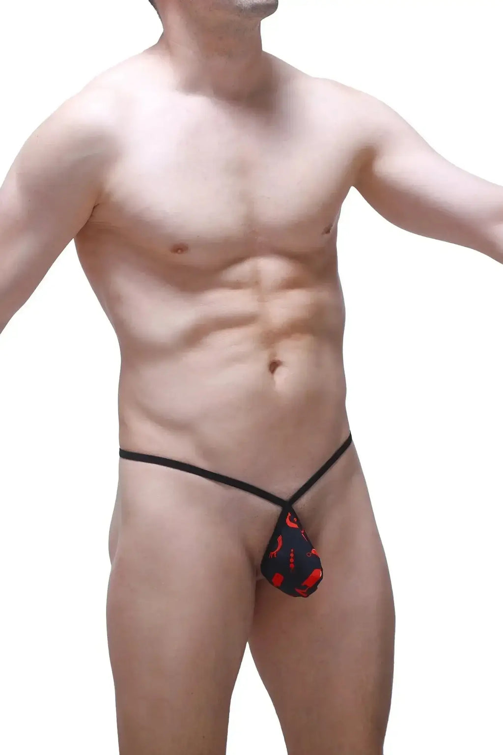 Petitq boxer sling melin boudoir black and red chili pepper patterned thong with thin black elastic straps back view