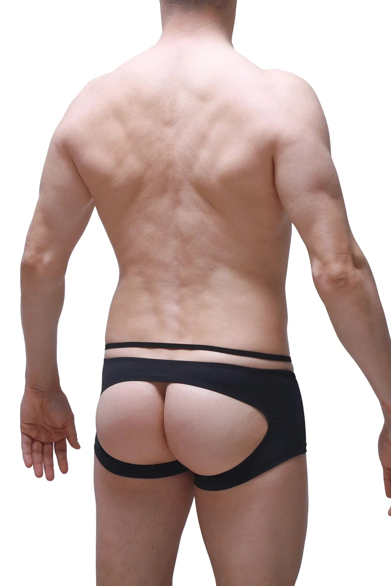 Black petitq boxer sling melin red briefs shown from the back with a distinctive cutout design and form-fitting fit