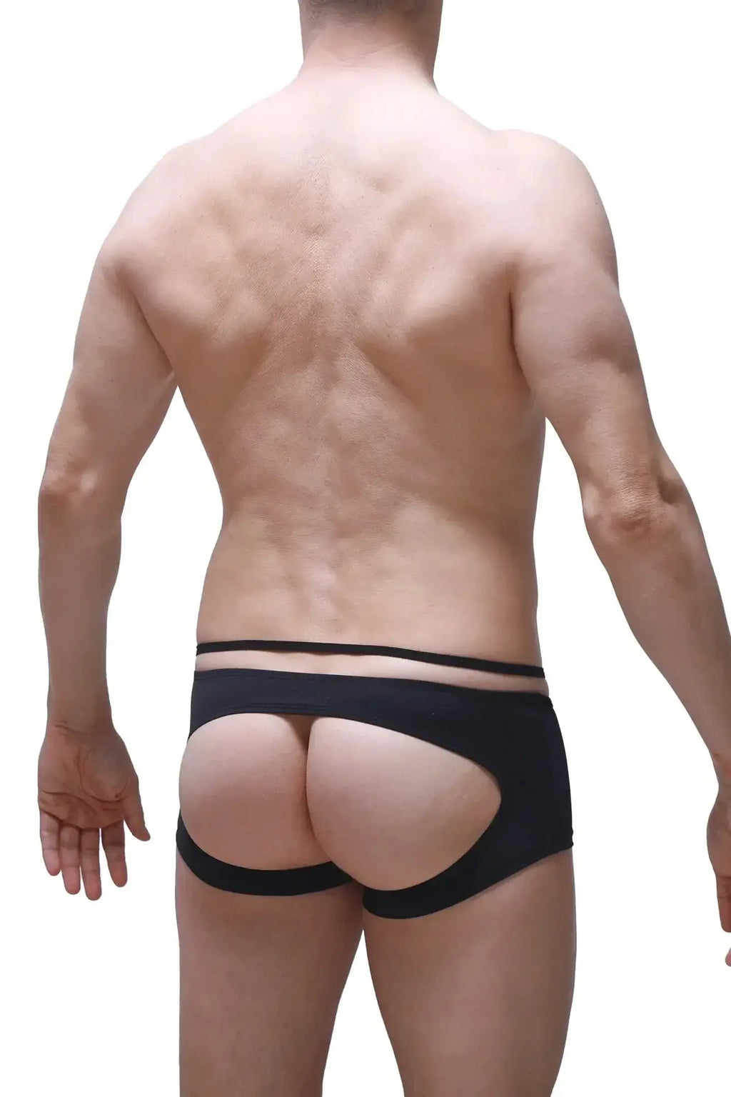Black petitq boxer sling melin red briefs shown from the back with a distinctive cutout design and form-fitting fit