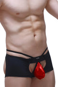 Black petito men’s briefs with shiny red pouch detail from petitq boxer sling melin red collection