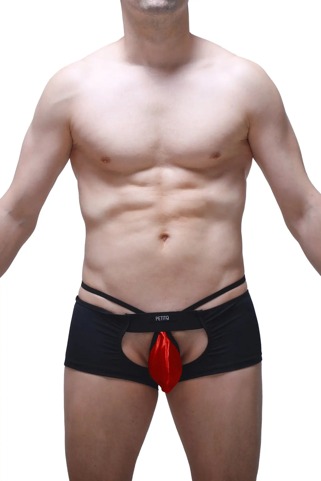 Black petitq boxer sling melin briefs with red satin pouch and branded waistband for comfortable daily wear