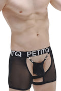 Black mesh PetitQ boxer string garter briefs with silver chain detail and PetitQ branding on the waistband
