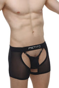 Black sheer mesh petitq boxer string garter angy briefs with black elastic waistband and white logo