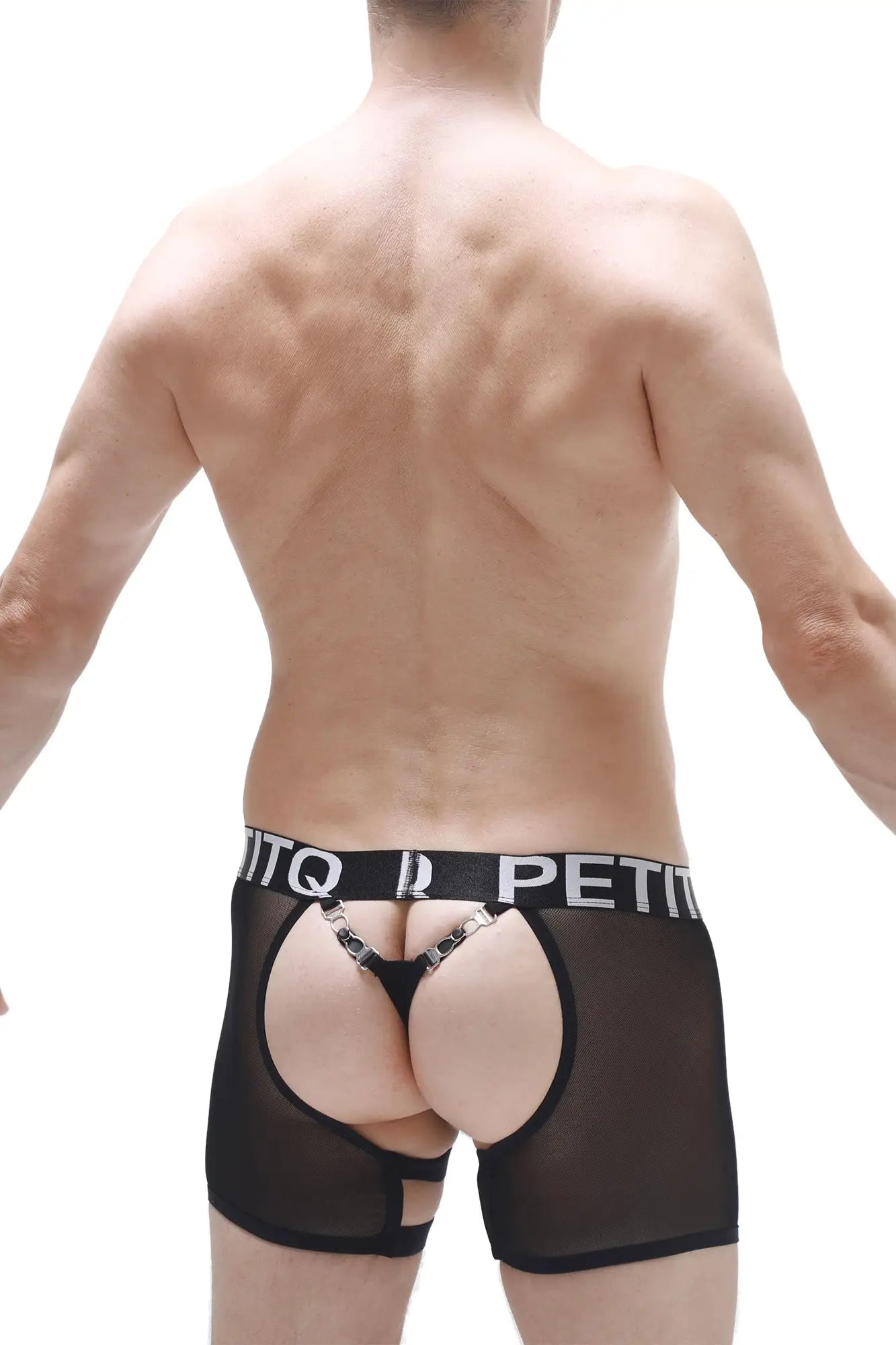 Petitq boxer string garter angy black sheer mesh briefs with white logo waistband and silver chain detail back view