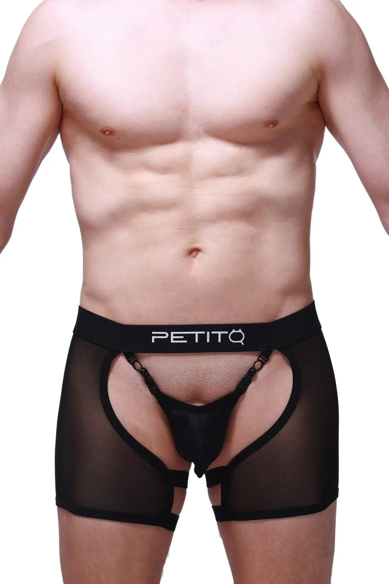 Black sheer mesh briefs with solid black waistband and petitq logo in white from petitq boxer string garter angy black