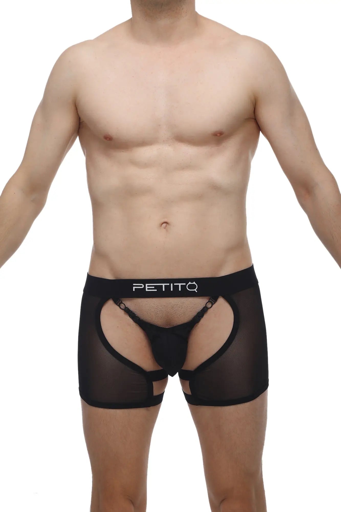 PetitQ boxer string garter Angy black sheer mesh briefs with solid waistband and petitq logo in white lettering