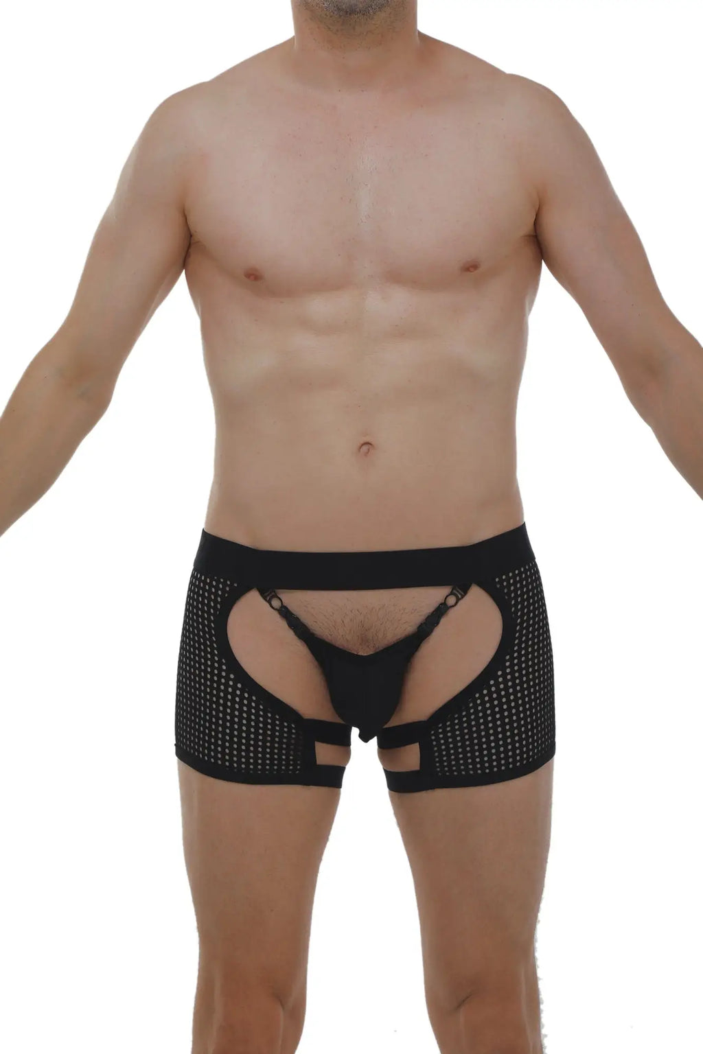 Black mesh petitq boxer string garter angy durtol briefs with cut-out design and adjustable straps
