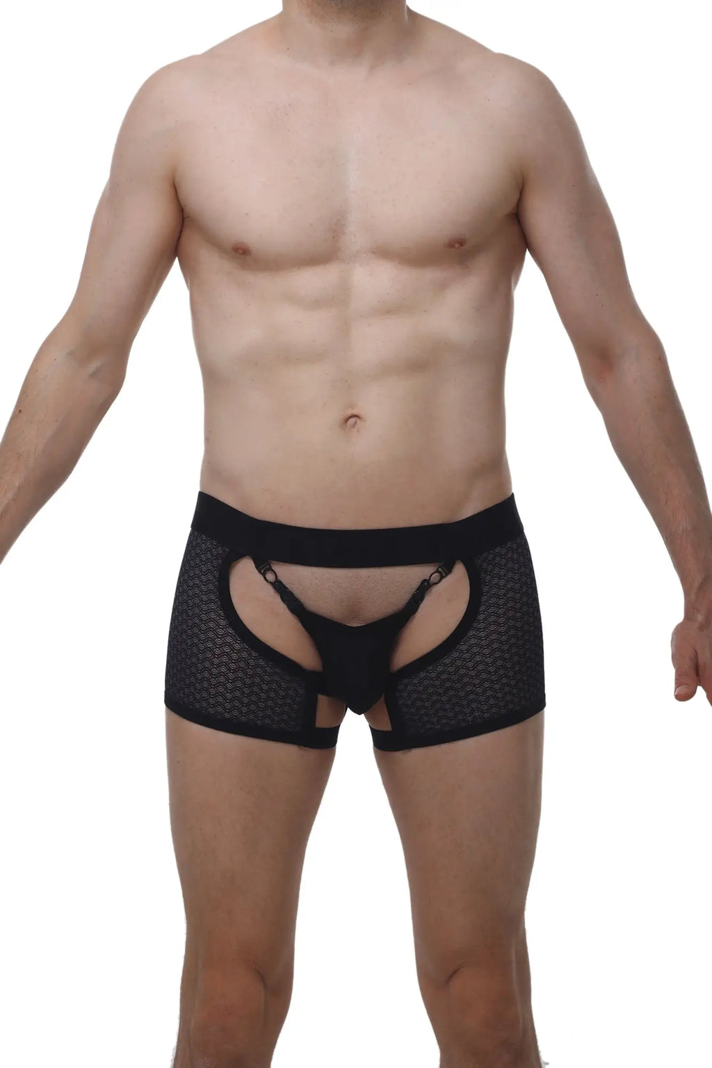 Black mesh briefs with solid black waistband and cut out design from PetitQ boxer string garter Angy Macra black