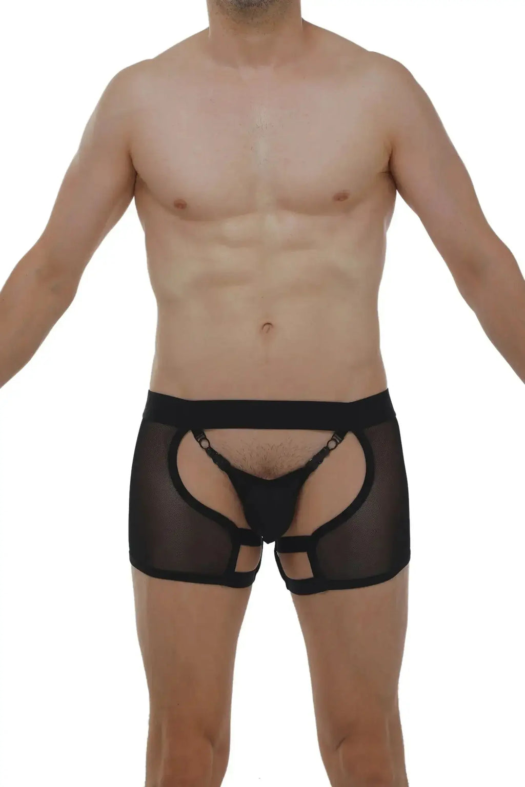 Petitq boxer string garter angy net black sheer mesh briefs with bold open front and reinforced elastic waistband