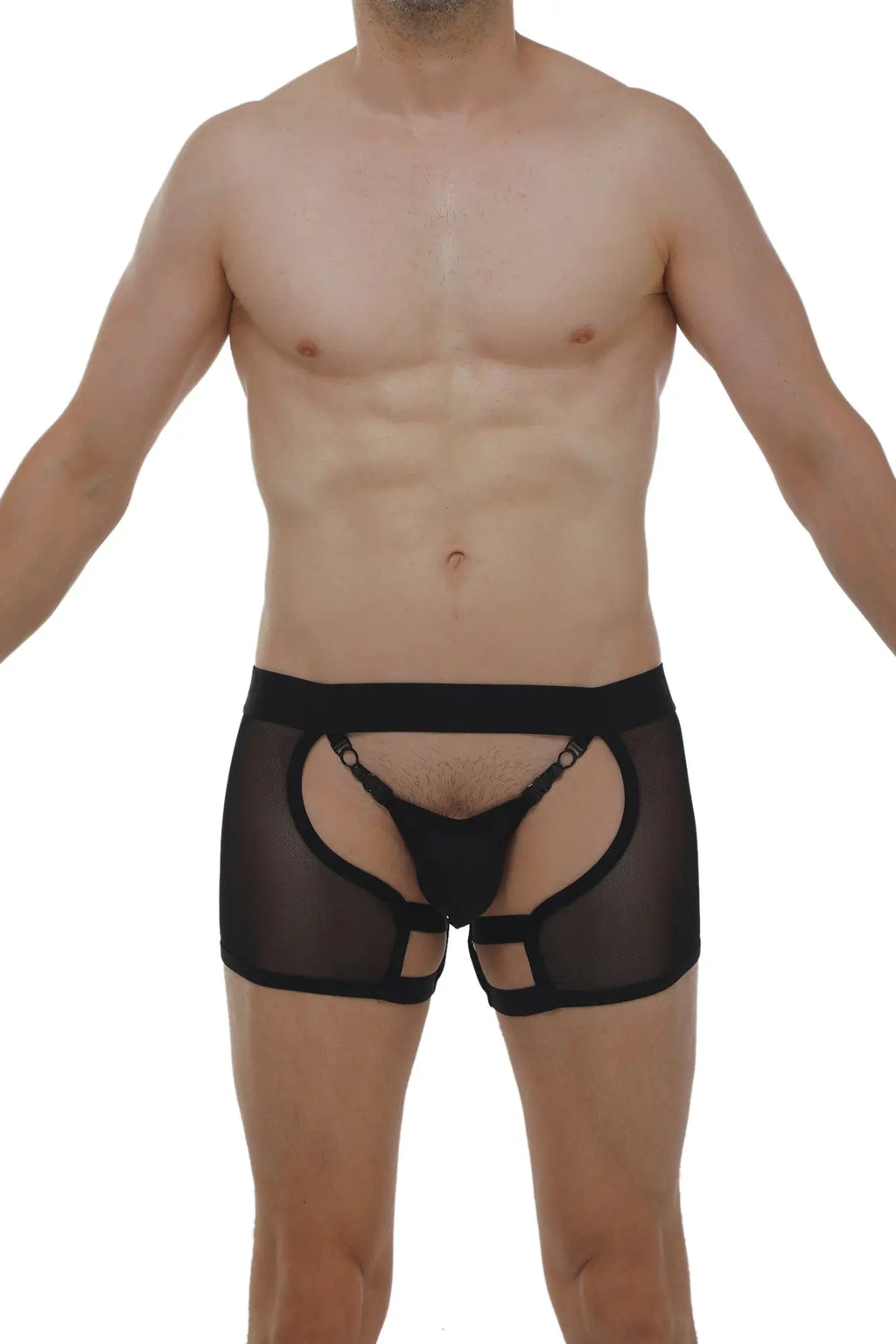 Petitq boxer string garter angy net black sheer mesh briefs with bold open front and reinforced elastic waistband