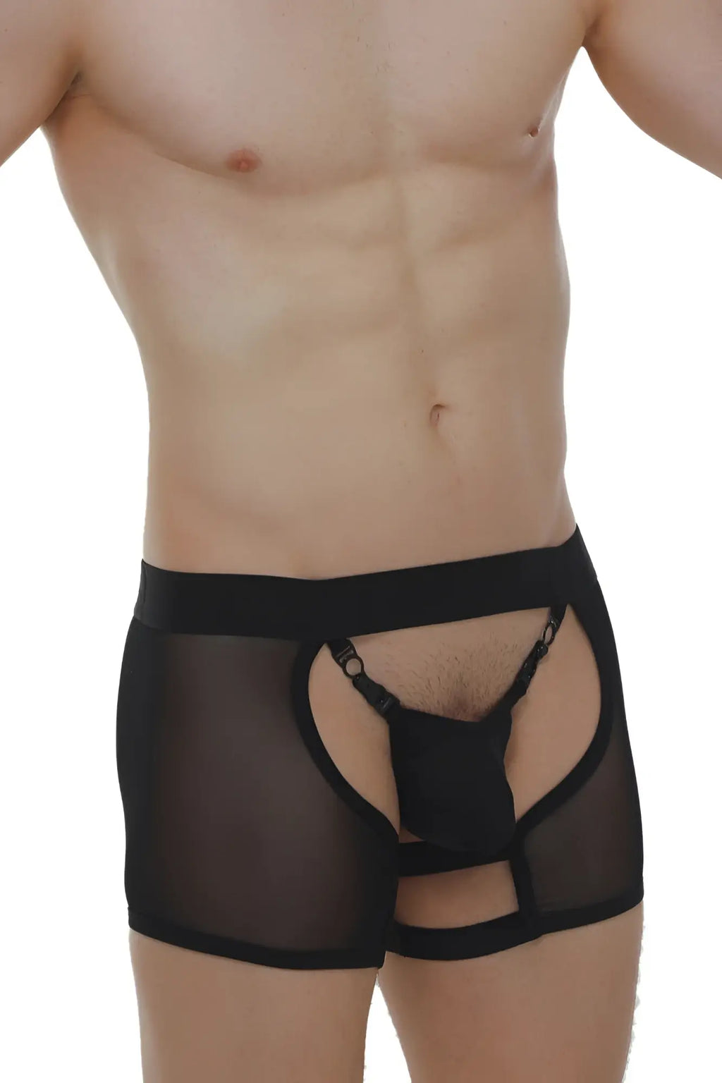PetitQ boxer string garter Angy net black sheer mesh briefs with solid front panel and adjustable straps