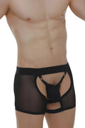 PetitQ boxer string garter Angy net black sheer mesh briefs with solid front panel and adjustable straps