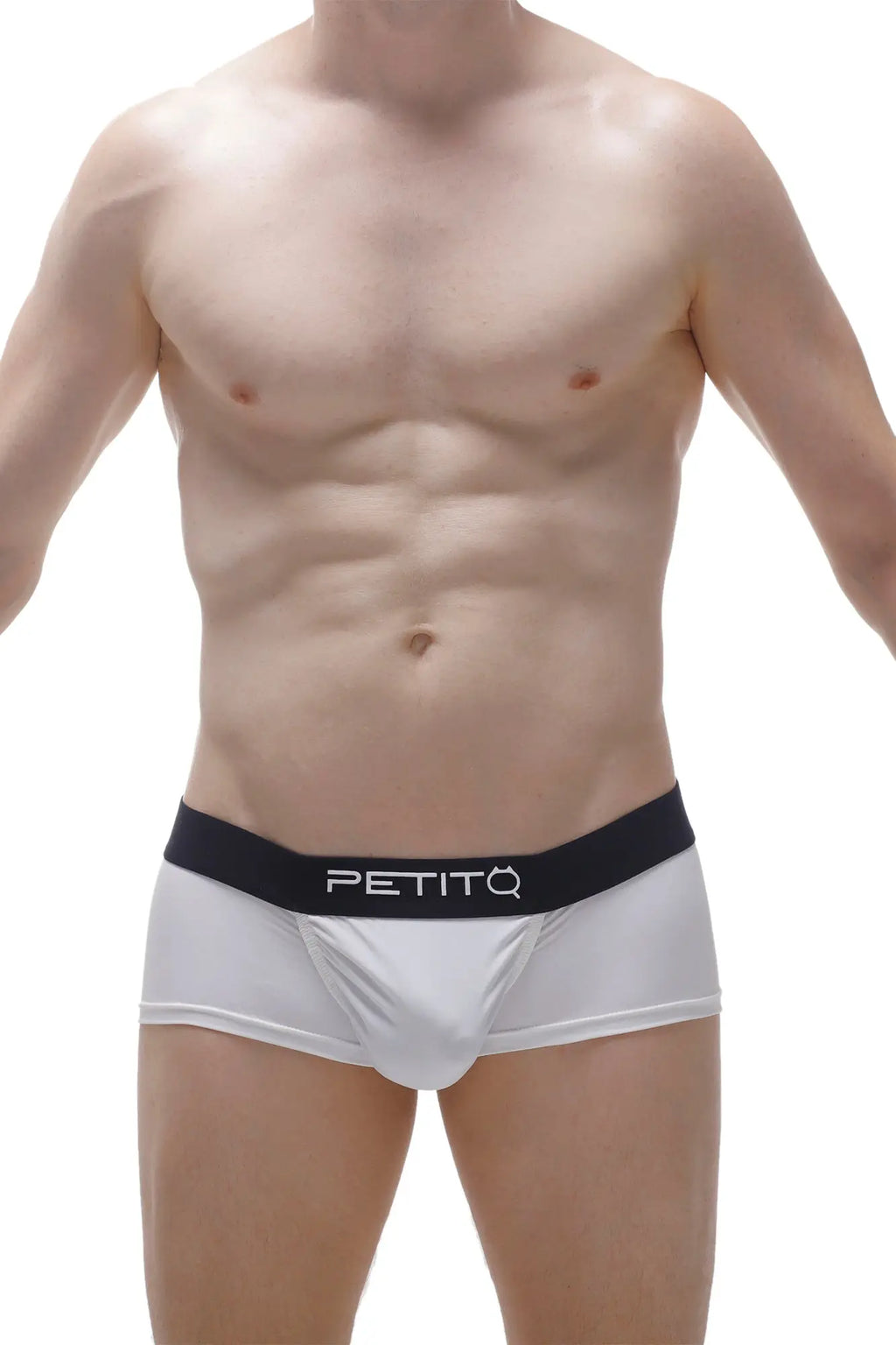 White petitq boxer taik econyl briefs with black logo waistband made from recycled econyl material