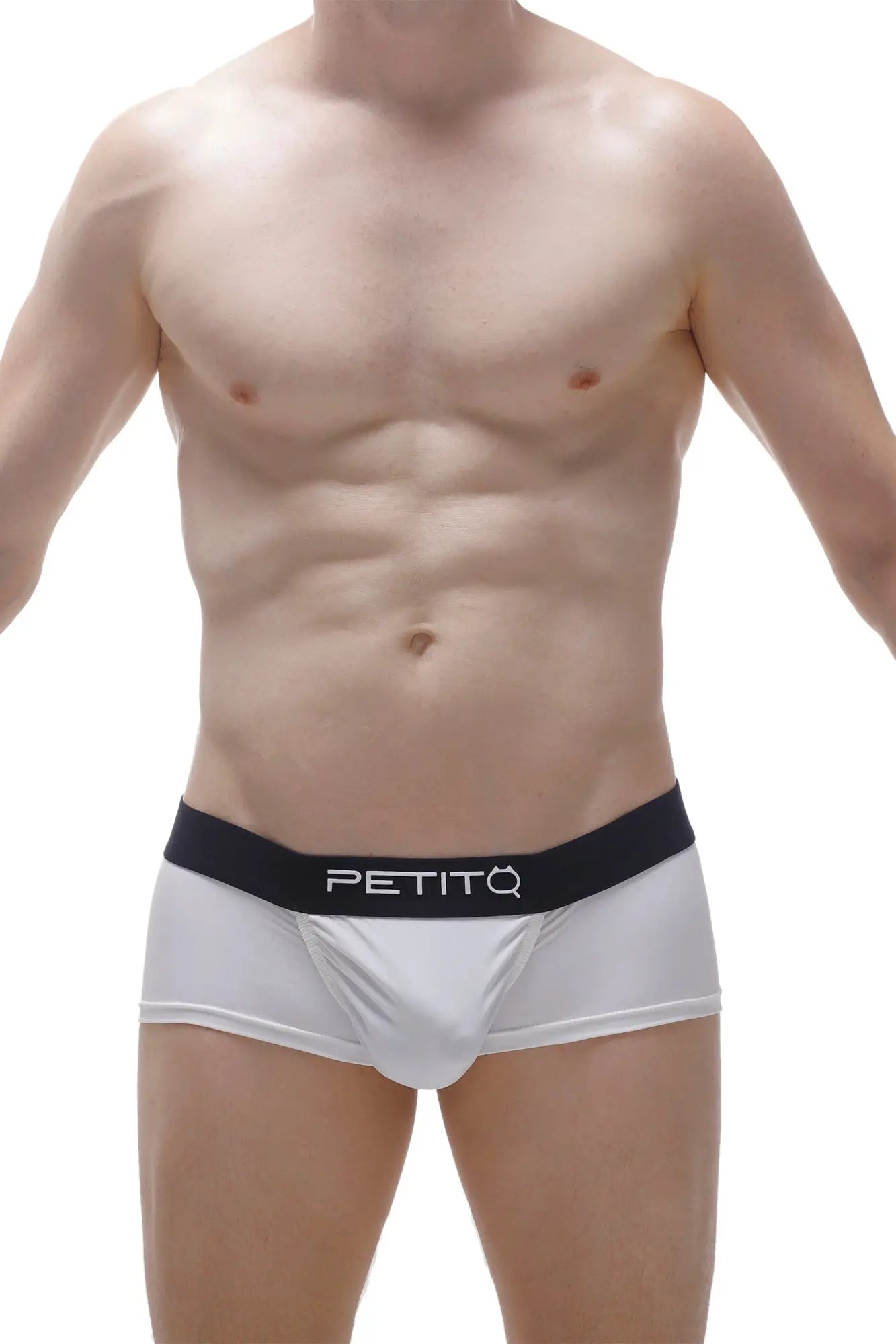 White petitq boxer taik econyl briefs with black logo waistband made from recycled econyl material