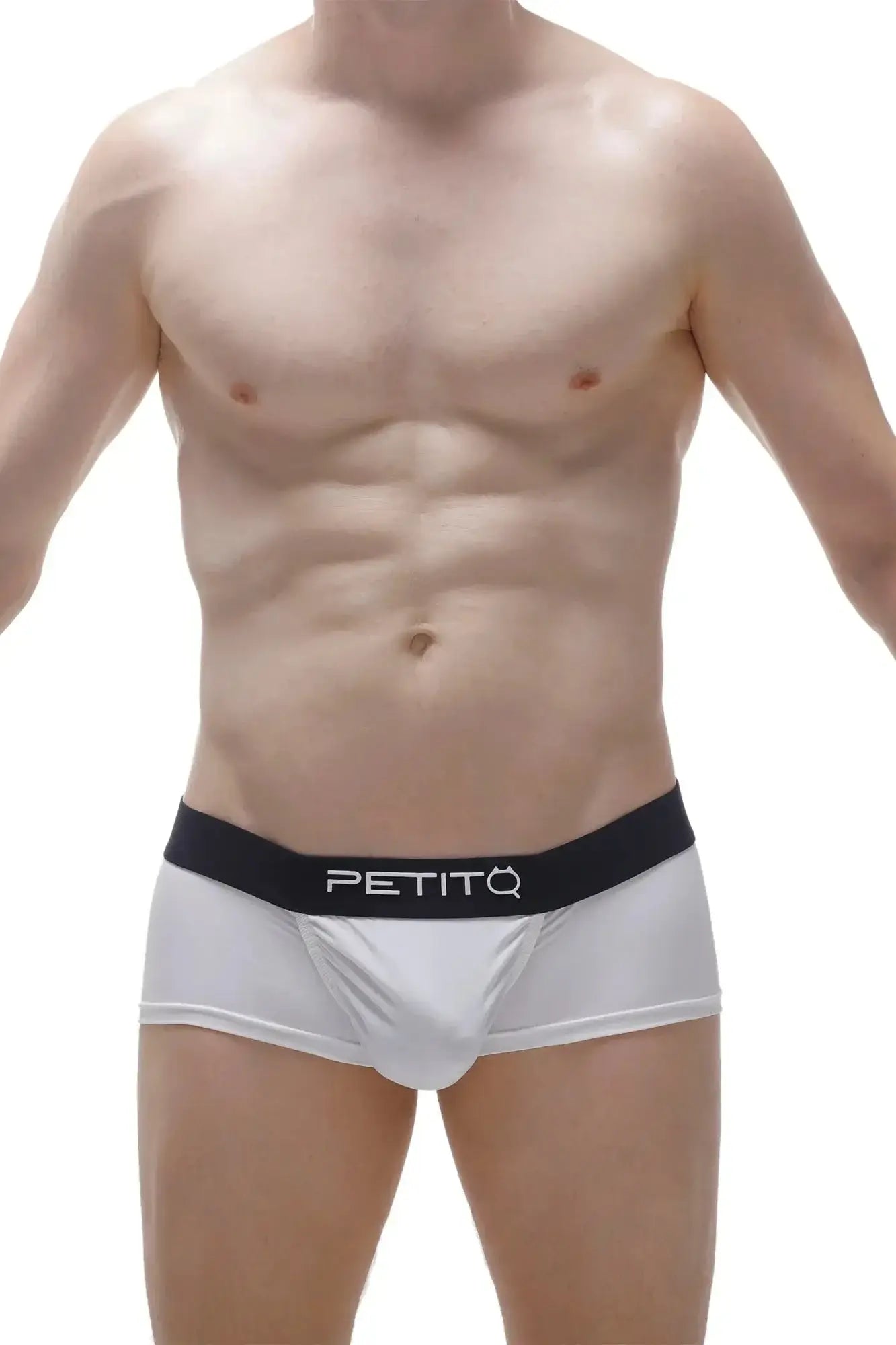 White petitq boxer taik econyl briefs with black logo waistband made from recycled econyl material
