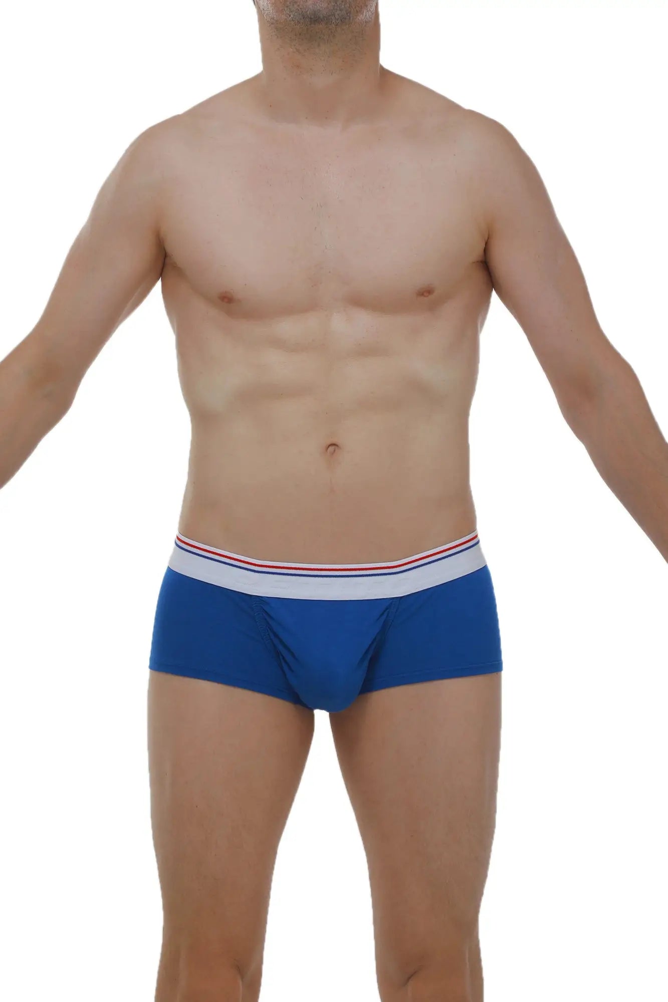 Blue petitq boxer taik modal briefs with white waistband featuring thin red and blue stripes