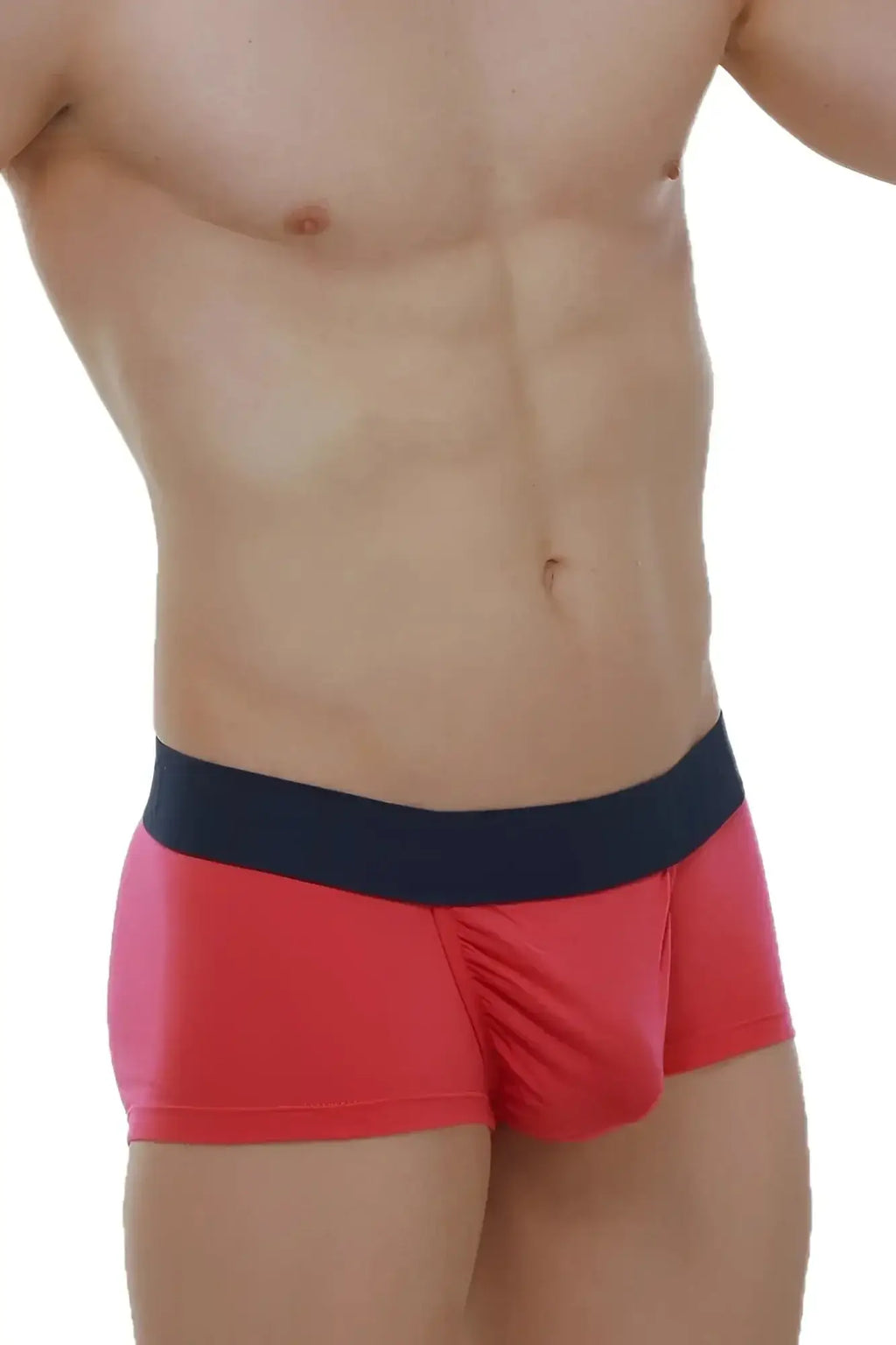 Red men’s PetitQ boxer briefs made of taik modal fabric featuring a contrasting navy blue waistband