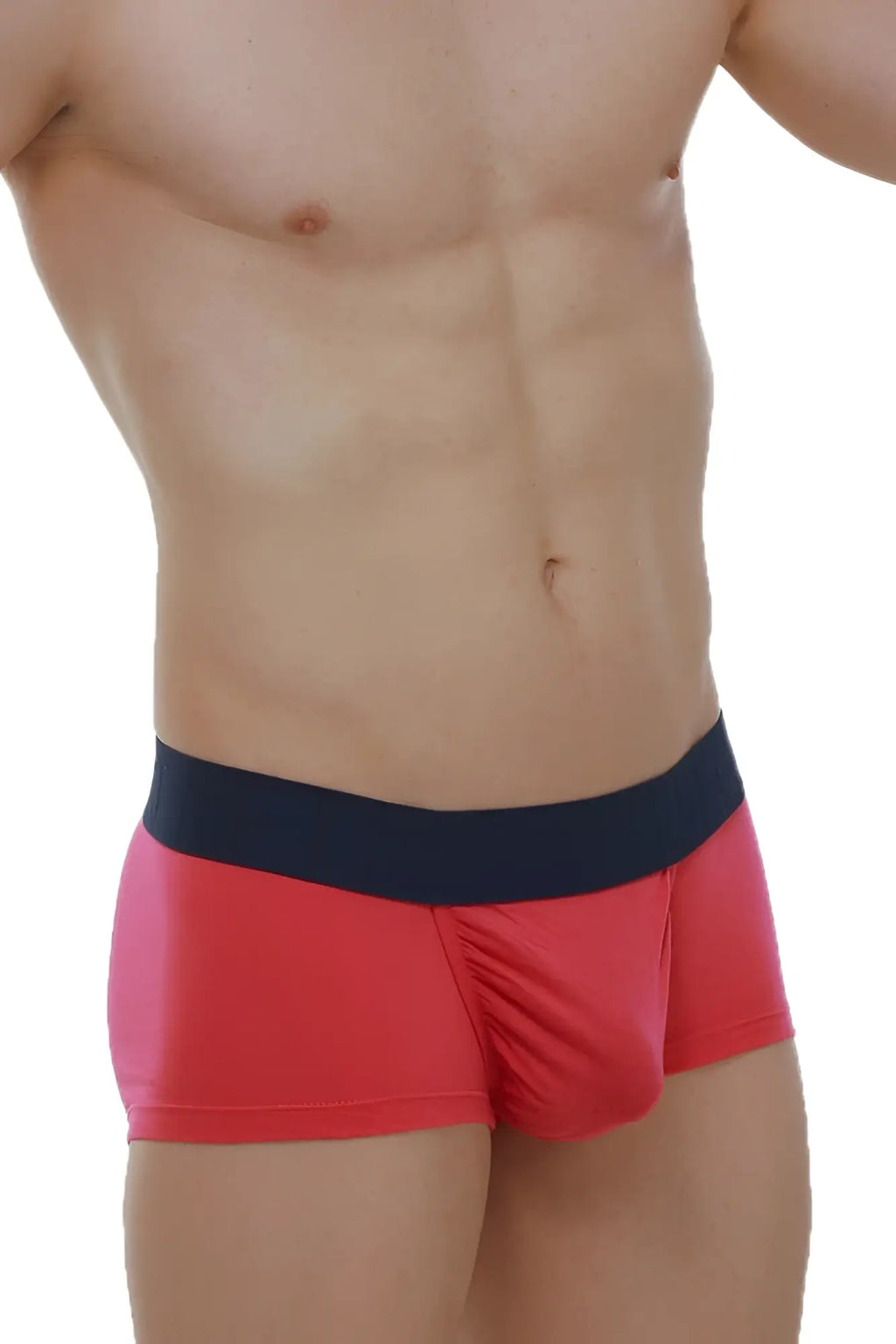 Red men’s PetitQ boxer briefs made of taik modal fabric featuring a contrasting navy blue waistband