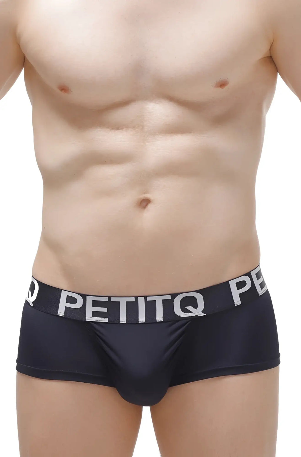 Black petitq men’s briefs with a white logo band made from soft fabric for comfortable everyday wear